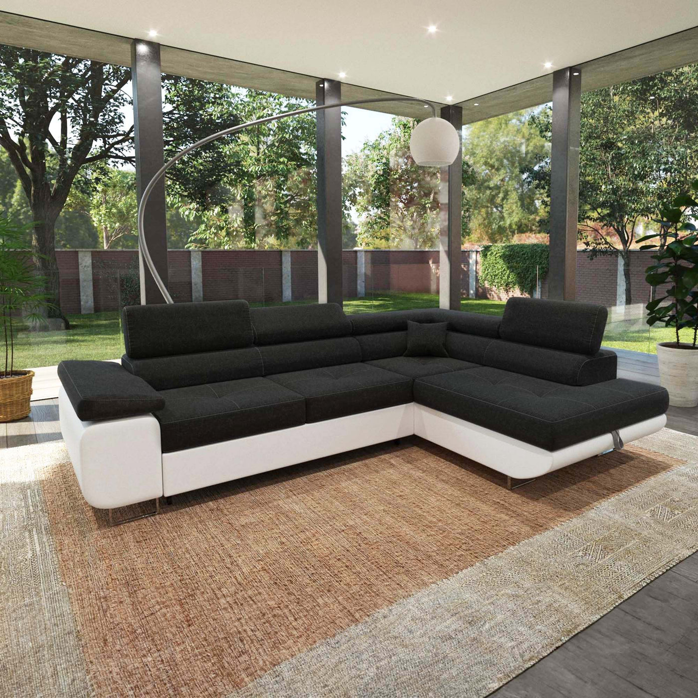AUBIN Canapé d'angle convertible noir et blanc coffre de rangement - Angle Droit - Canapé d'angle convertible - Mobilier Deco