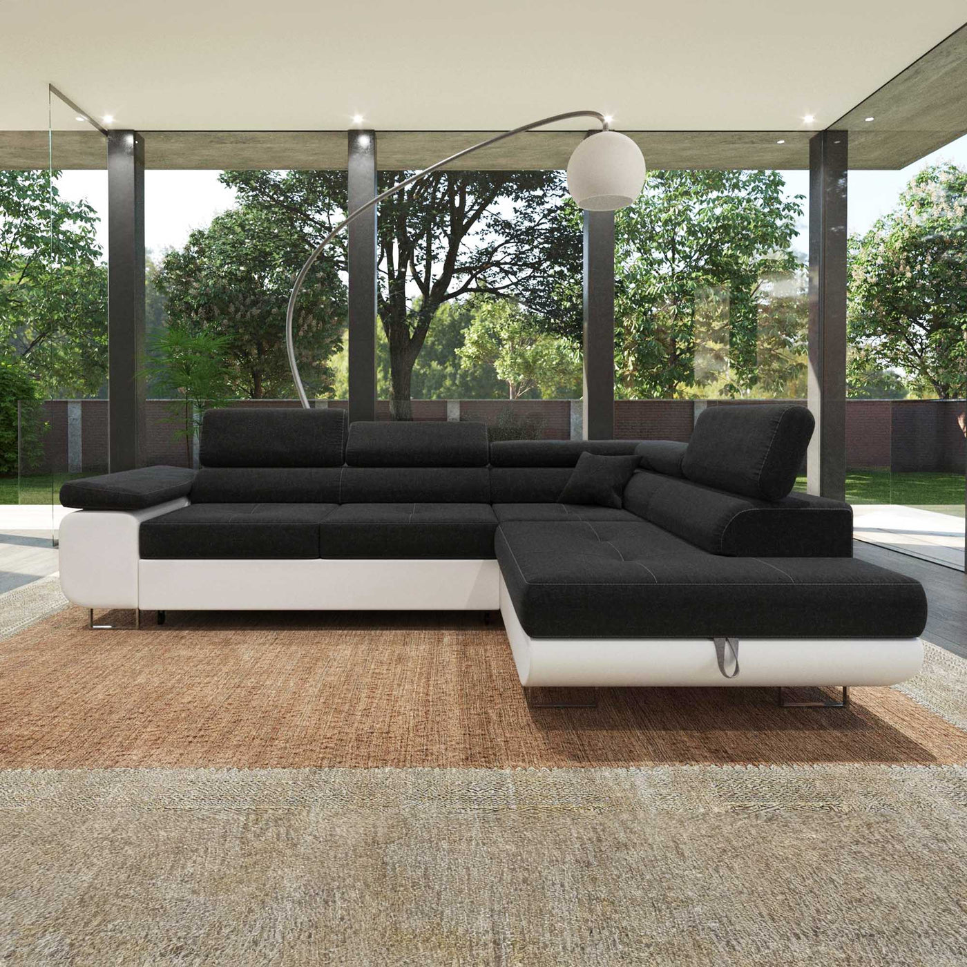 AUBIN Canapé d'angle convertible noir et blanc coffre de rangement - Angle Droit - Canapé d'angle convertible - Mobilier Deco