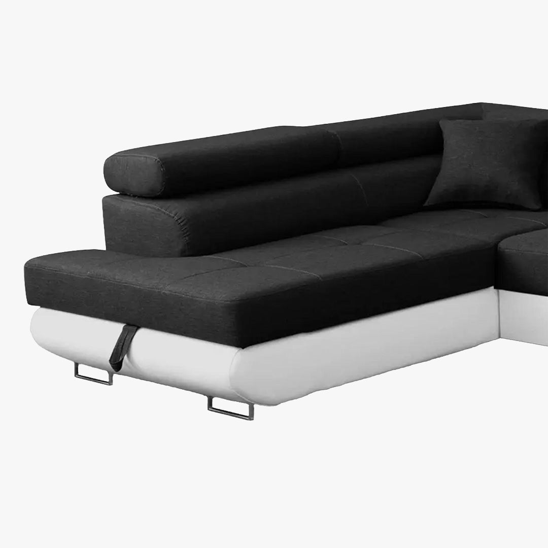AUBIN Canapé d'angle convertible noir et blanc coffre de rangement - Angle Gauche - Canapé d'angle convertible - Mobilier Deco