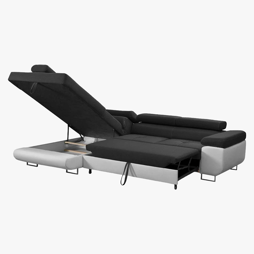 AUBIN Canapé d'angle convertible noir et blanc coffre de rangement - Angle Gauche - Canapé d'angle convertible - Mobilier Deco