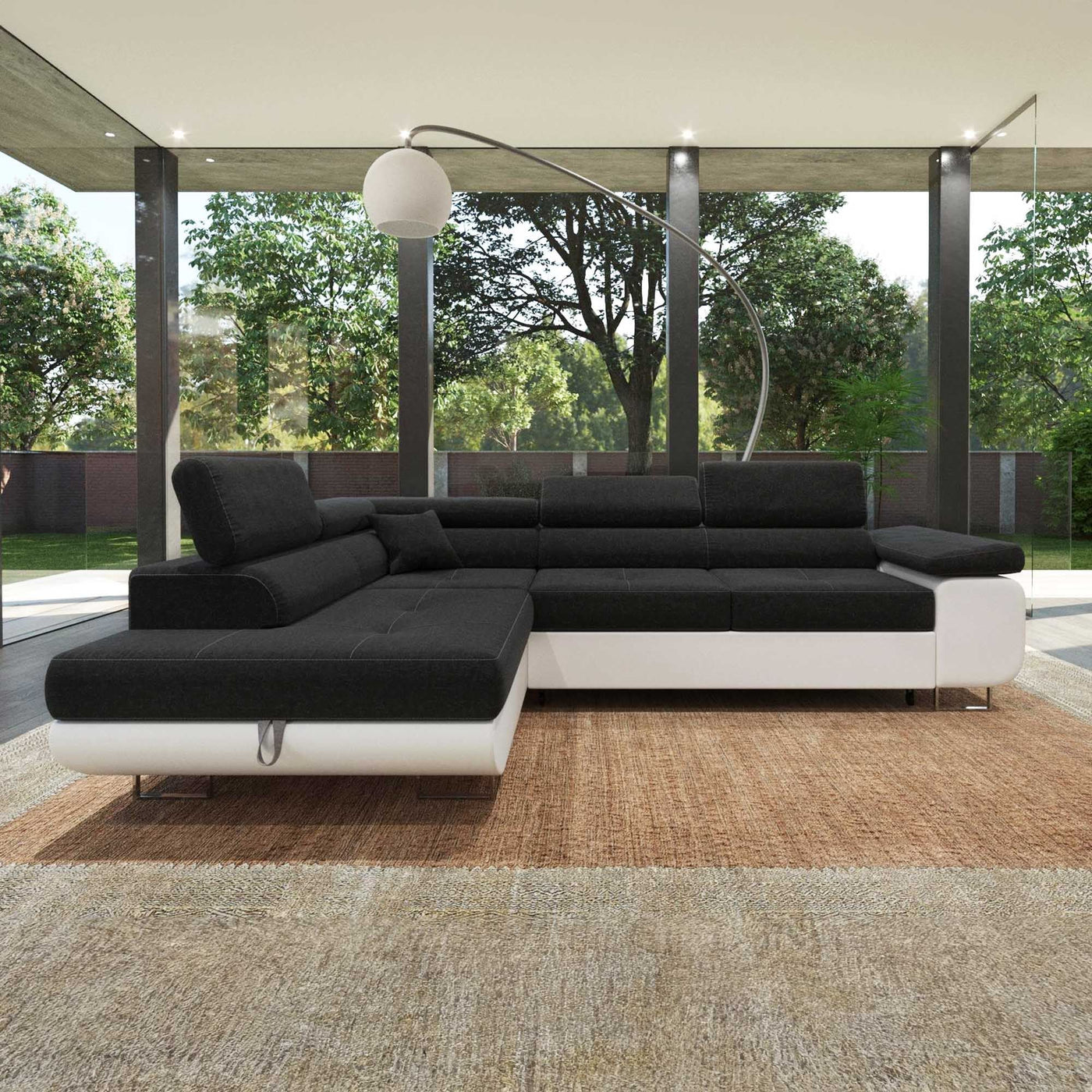 AUBIN Canapé d'angle convertible noir et blanc coffre de rangement - Angle Gauche - Canapé d'angle convertible - Mobilier Deco