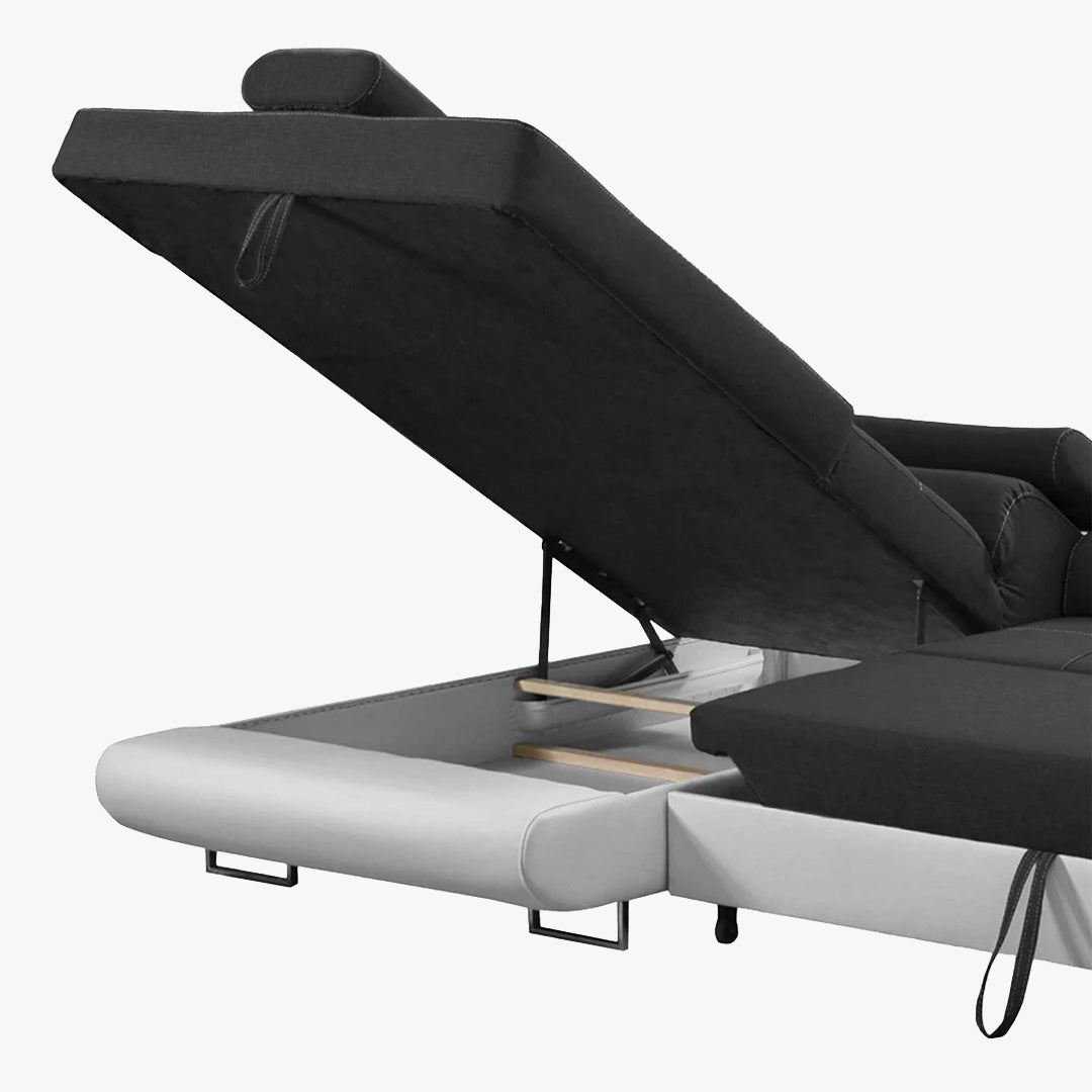 AUBIN Canapé d'angle convertible noir et blanc coffre de rangement - Angle Gauche - Canapé d'angle convertible - Mobilier Deco