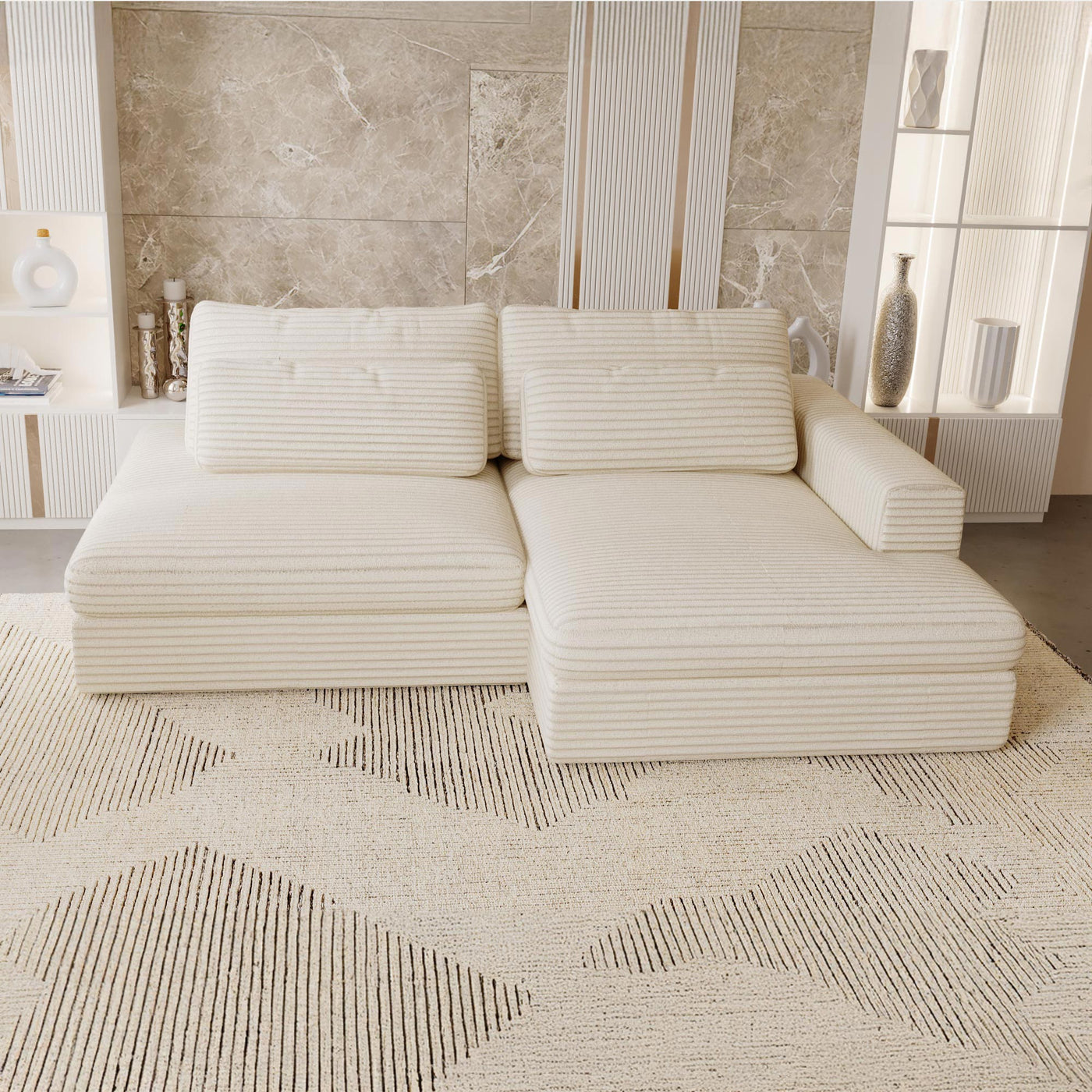 AYDA Canapé d'angle convertible avec coffre en velours gros côtelé beige - Angle droit - Canapé d'angle convertible