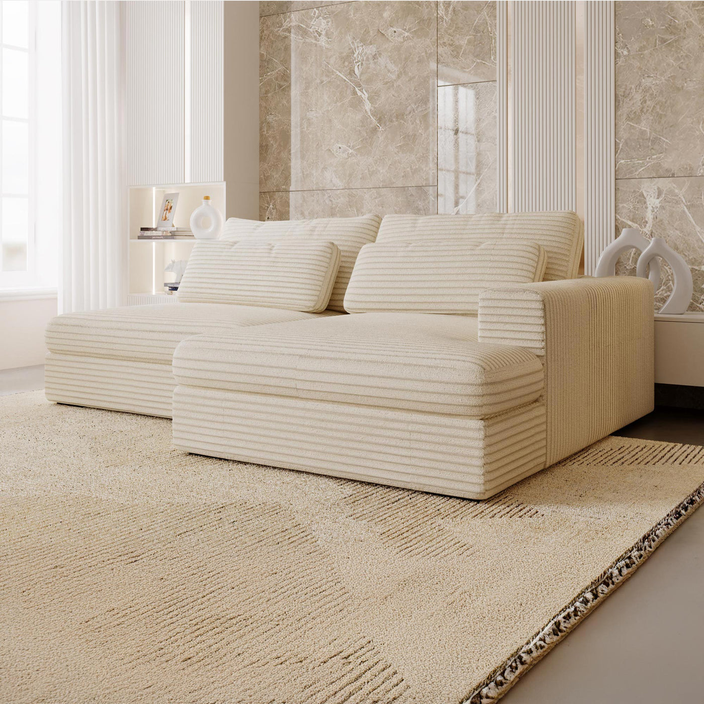 AYDA Canapé d'angle convertible avec coffre en velours gros côtelé beige - Angle droit - Canapé d'angle convertible