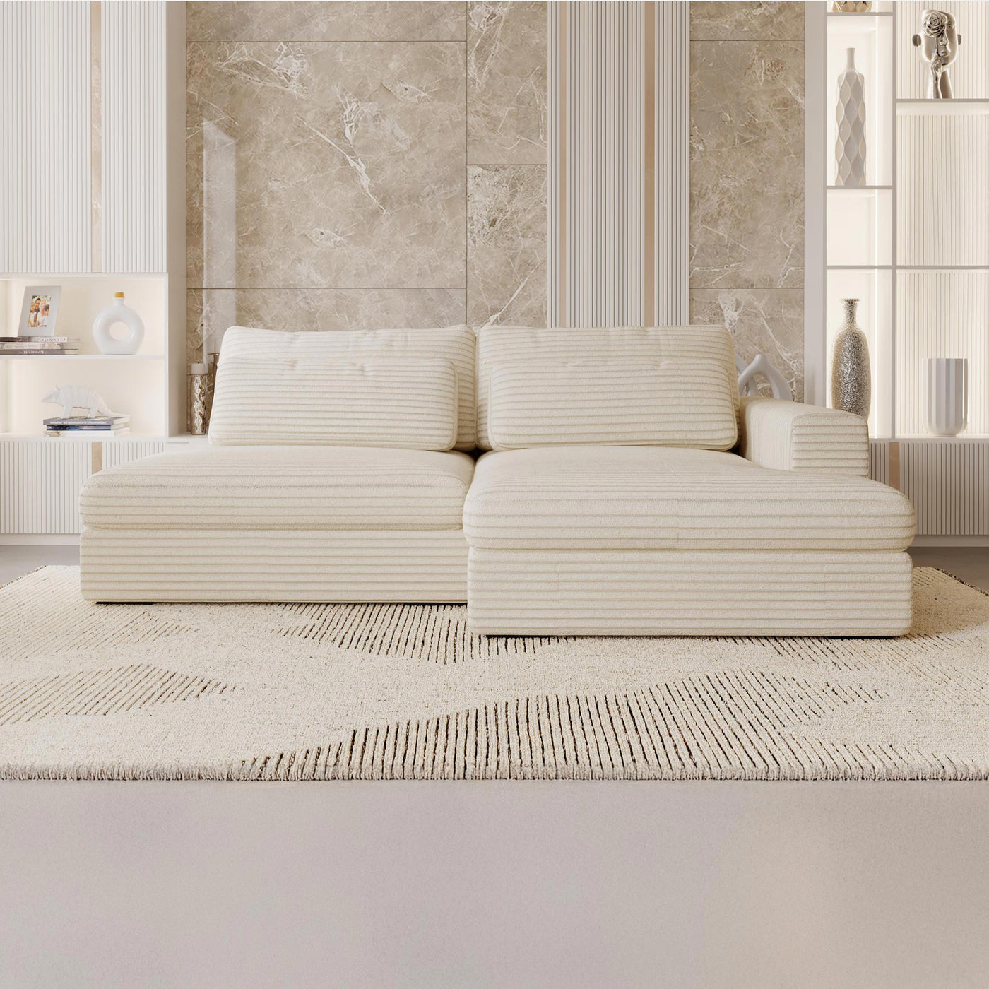 AYDA Canapé d'angle convertible avec coffre en velours gros côtelé beige - Angle droit - Canapé d'angle convertible