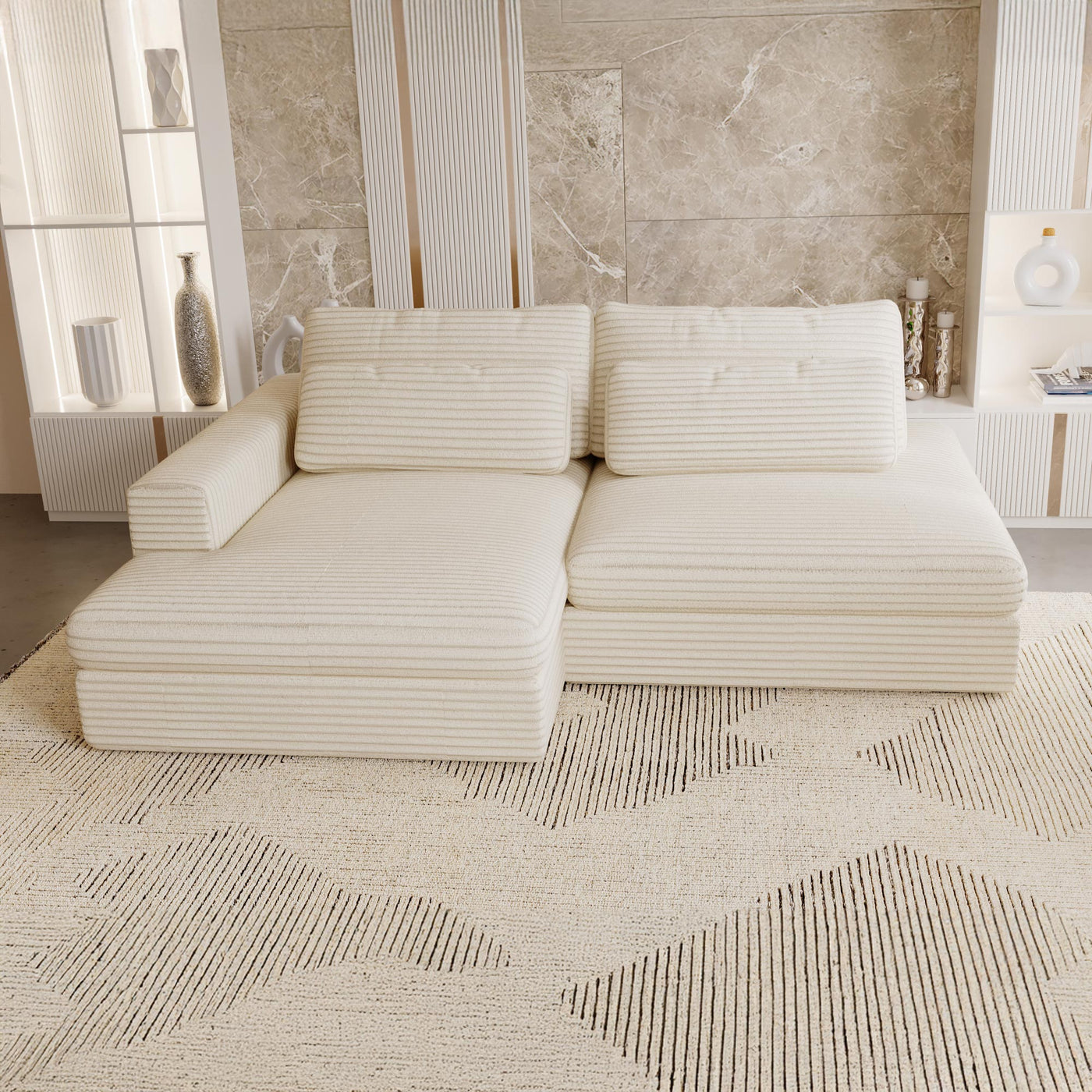 AYDA Canapé d'angle convertible avec coffre en velours gros côtelé beige - Angle gauche - Canapé d'angle convertible - Mobilier Deco
