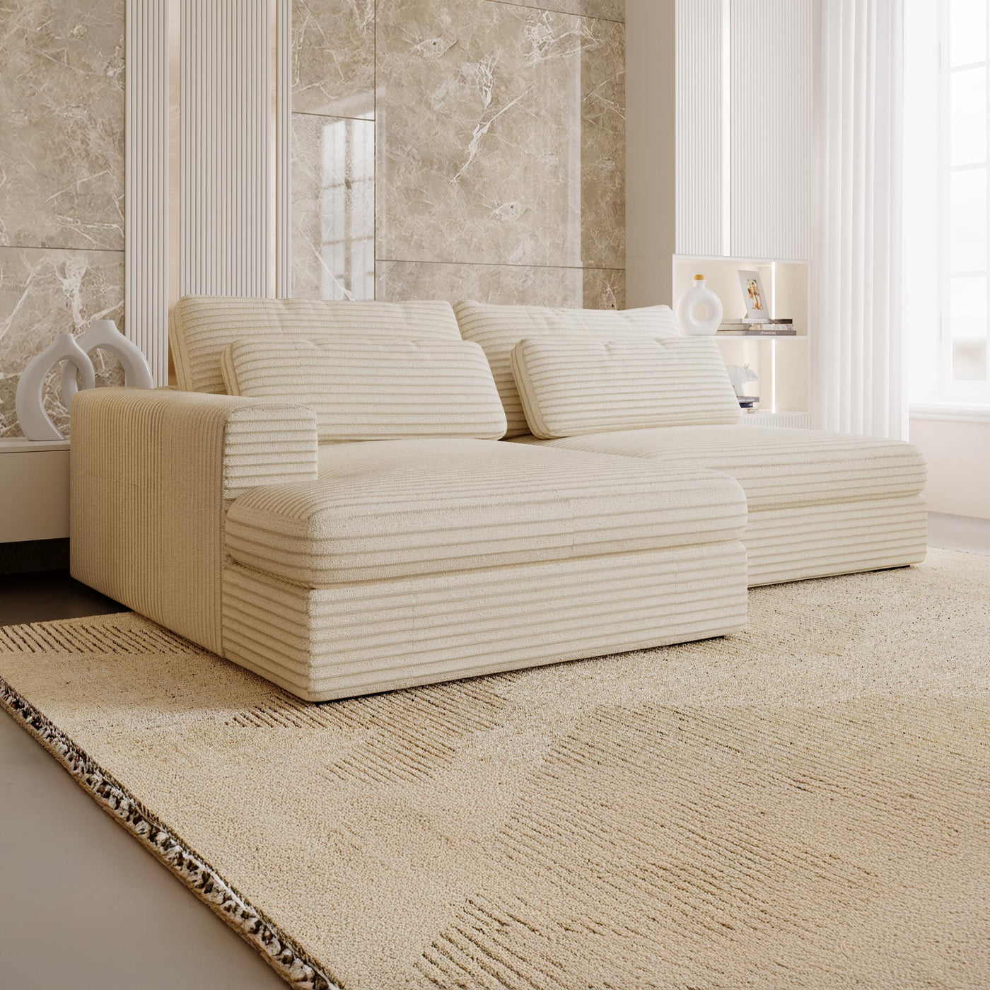 AYDA Canapé d'angle convertible avec coffre en velours gros côtelé beige - Angle gauche - Canapé d'angle convertible - Mobilier Deco