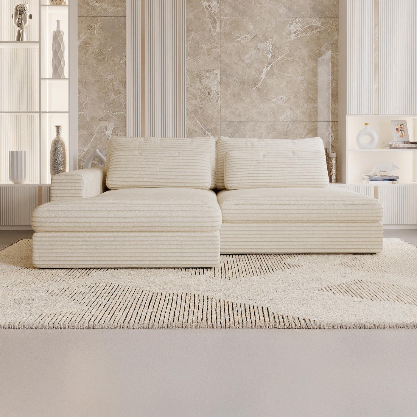 AYDA Canapé d'angle convertible avec coffre en velours gros côtelé beige - Angle gauche - Canapé d'angle convertible - Mobilier Deco
