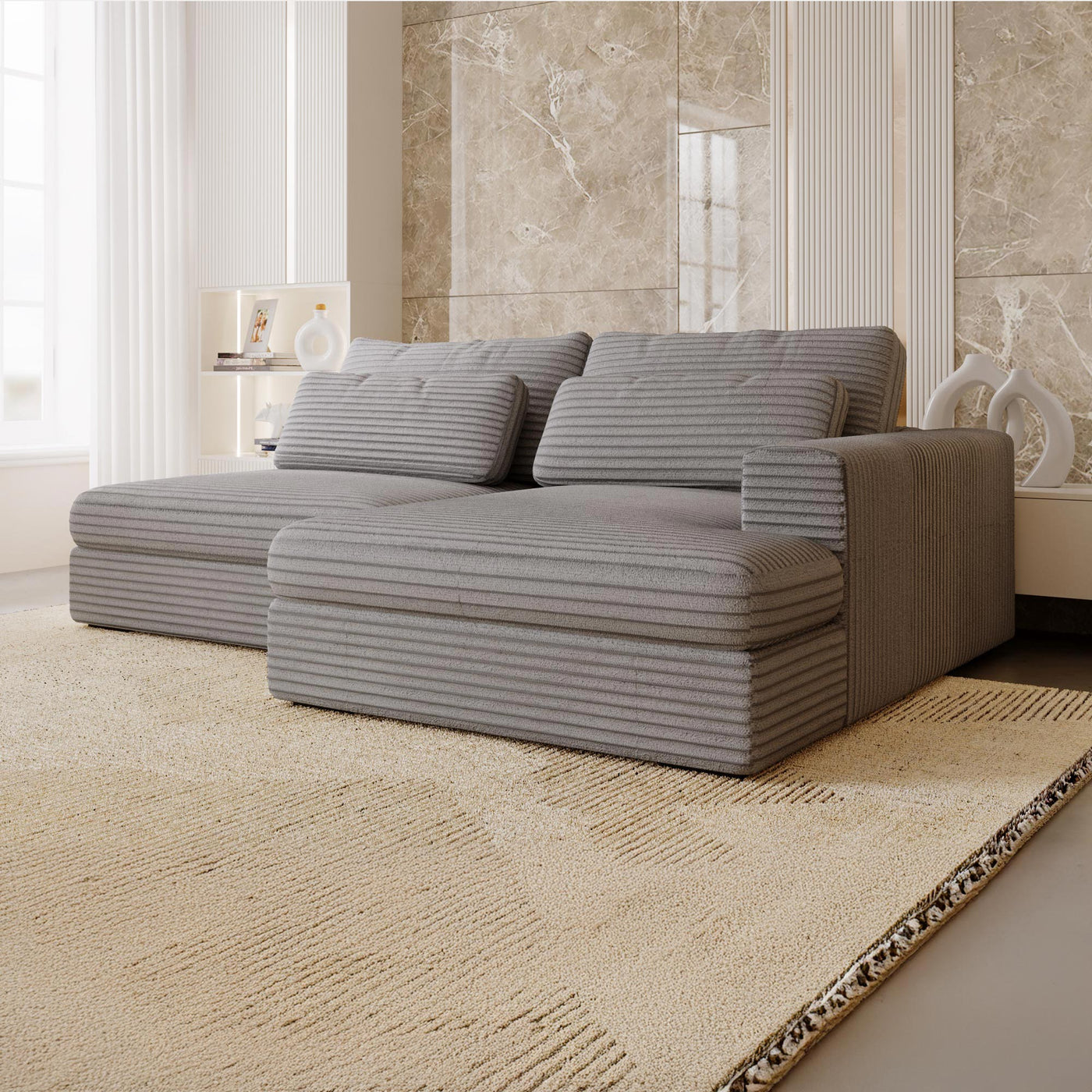 AYDA Canapé d'angle convertible avec coffre en velours gros côtelé gris clair - Angle droit - Canapé d'angle convertible - Mobilier Deco