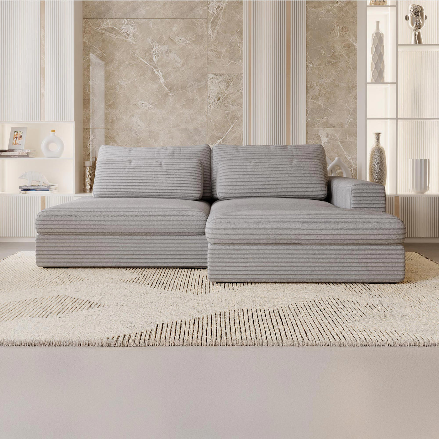 AYDA Canapé d'angle convertible avec coffre en velours gros côtelé gris clair - Angle droit - Canapé d'angle convertible - Mobilier Deco