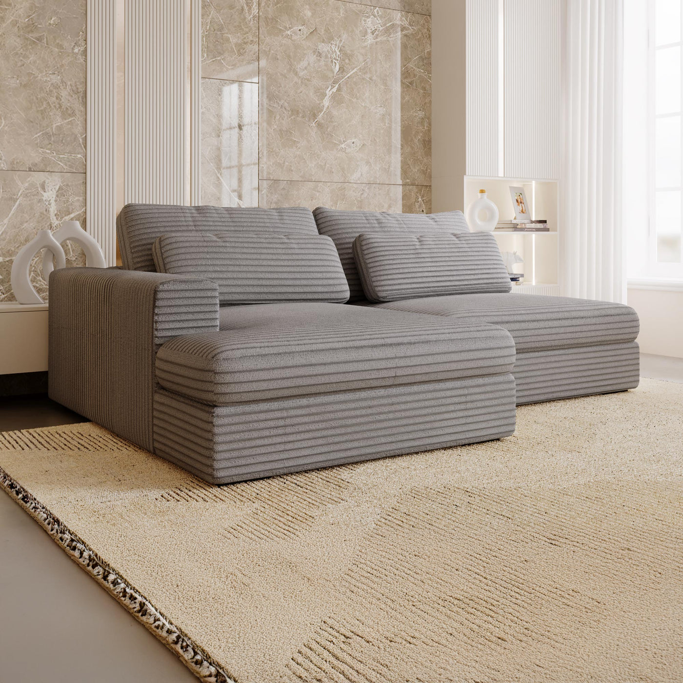 AYDA Canapé d'angle convertible avec coffre en velours gros côtelé gris clair - Angle gauche - Canapé d'angle convertible - Mobilier Deco