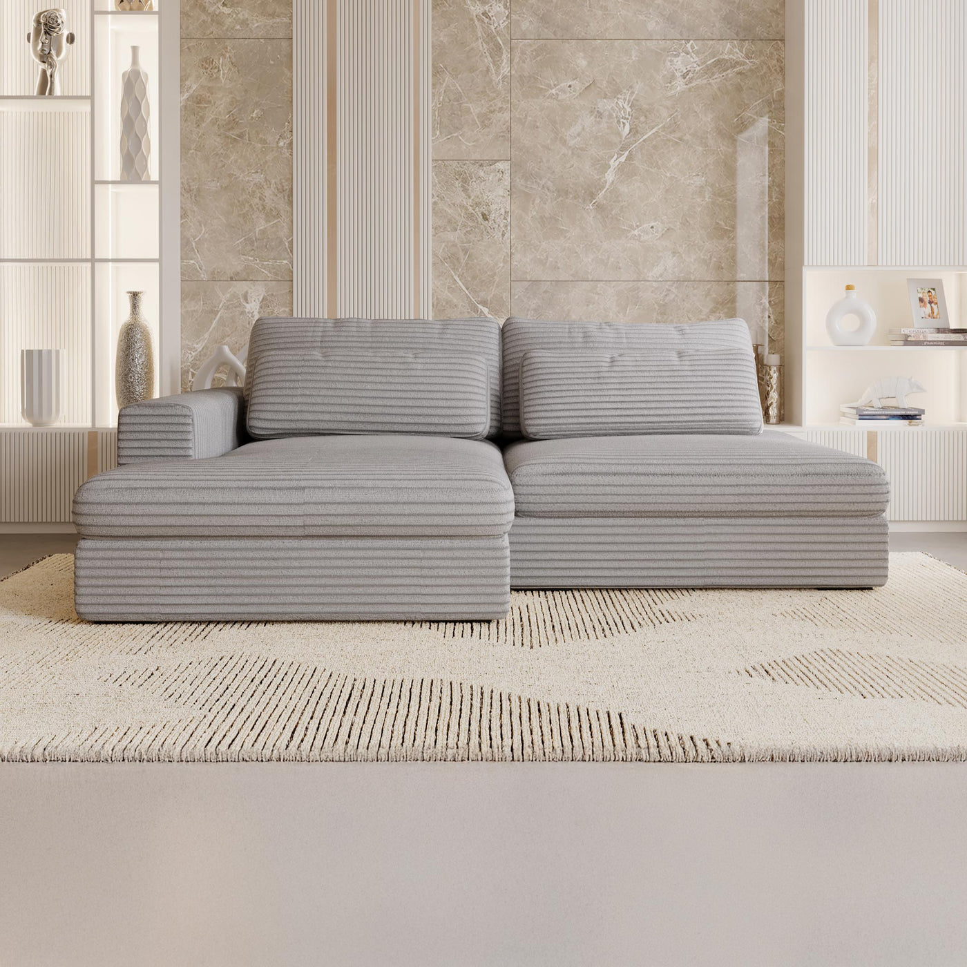 AYDA Canapé d'angle convertible avec coffre en velours gros côtelé gris clair - Angle gauche - Canapé d'angle convertible - Mobilier Deco