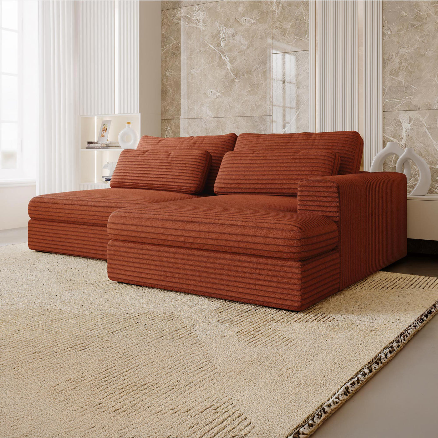 AYDA Canapé d'angle convertible avec coffre en velours gros côtelé terracotta- Angle droit - Canapé d'angle convertible - Mobilier Deco