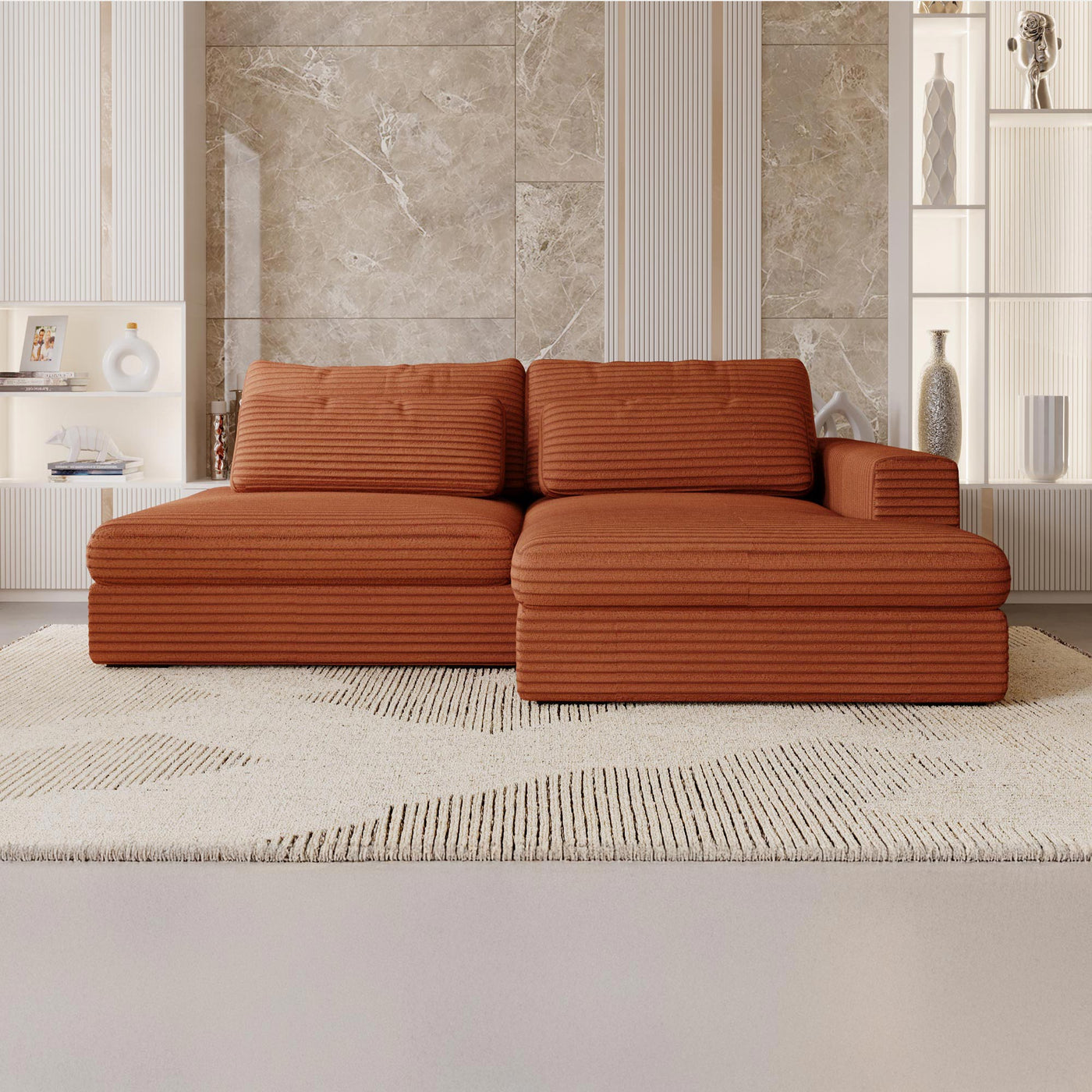 AYDA Canapé d'angle convertible avec coffre en velours gros côtelé terracotta- Angle droit - Canapé d'angle convertible - Mobilier Deco