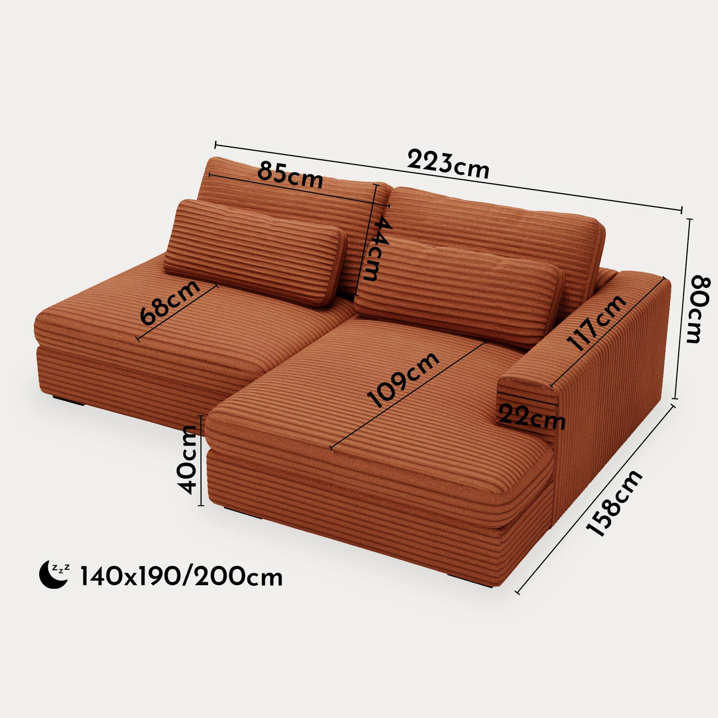 AYDA Canapé d'angle convertible avec coffre en velours gros côtelé terracotta- Angle droit - Canapé d'angle convertible - Mobilier Deco