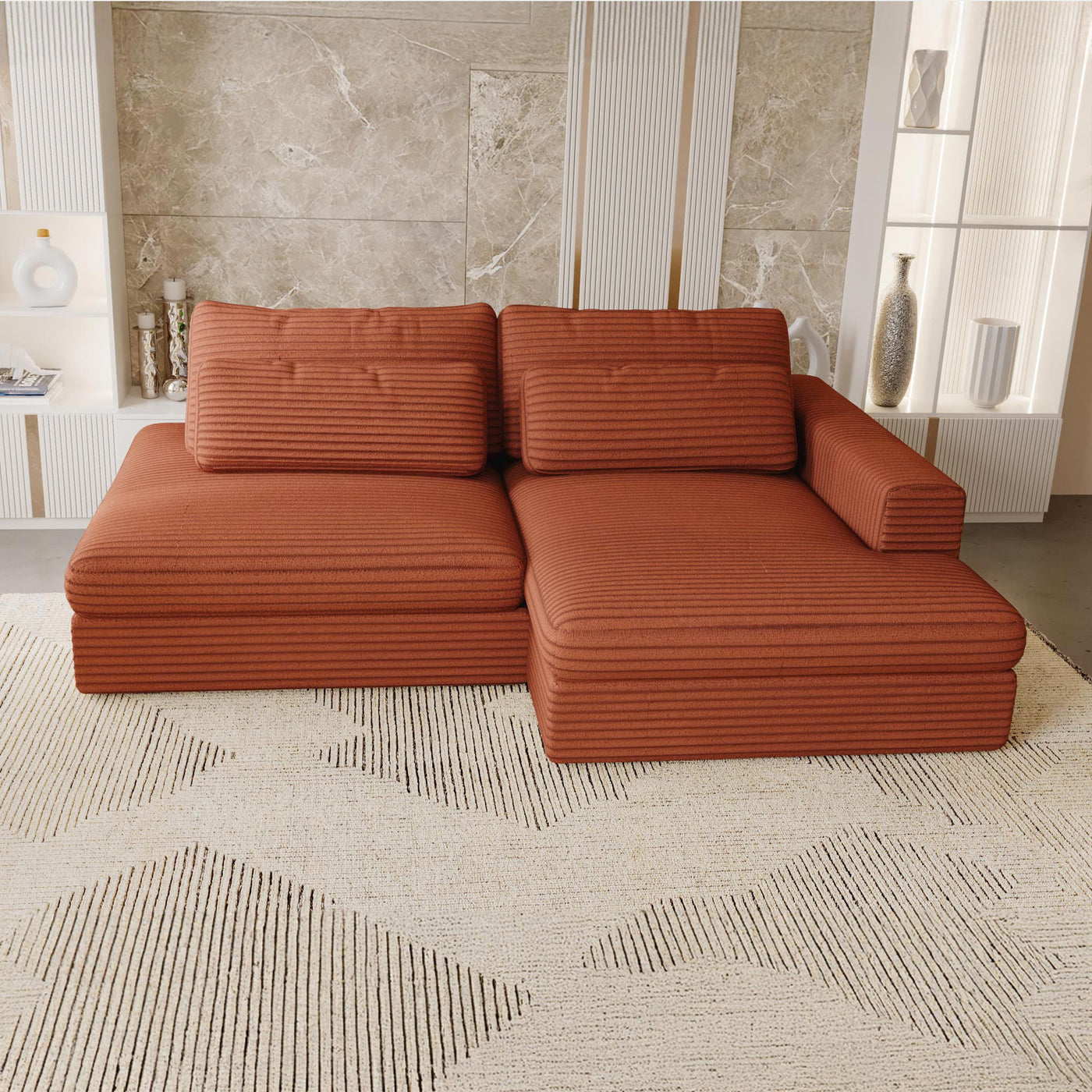 AYDA Canapé d'angle convertible avec coffre en velours gros côtelé terracotta- Angle droit - Canapé d'angle convertible - Mobilier Deco