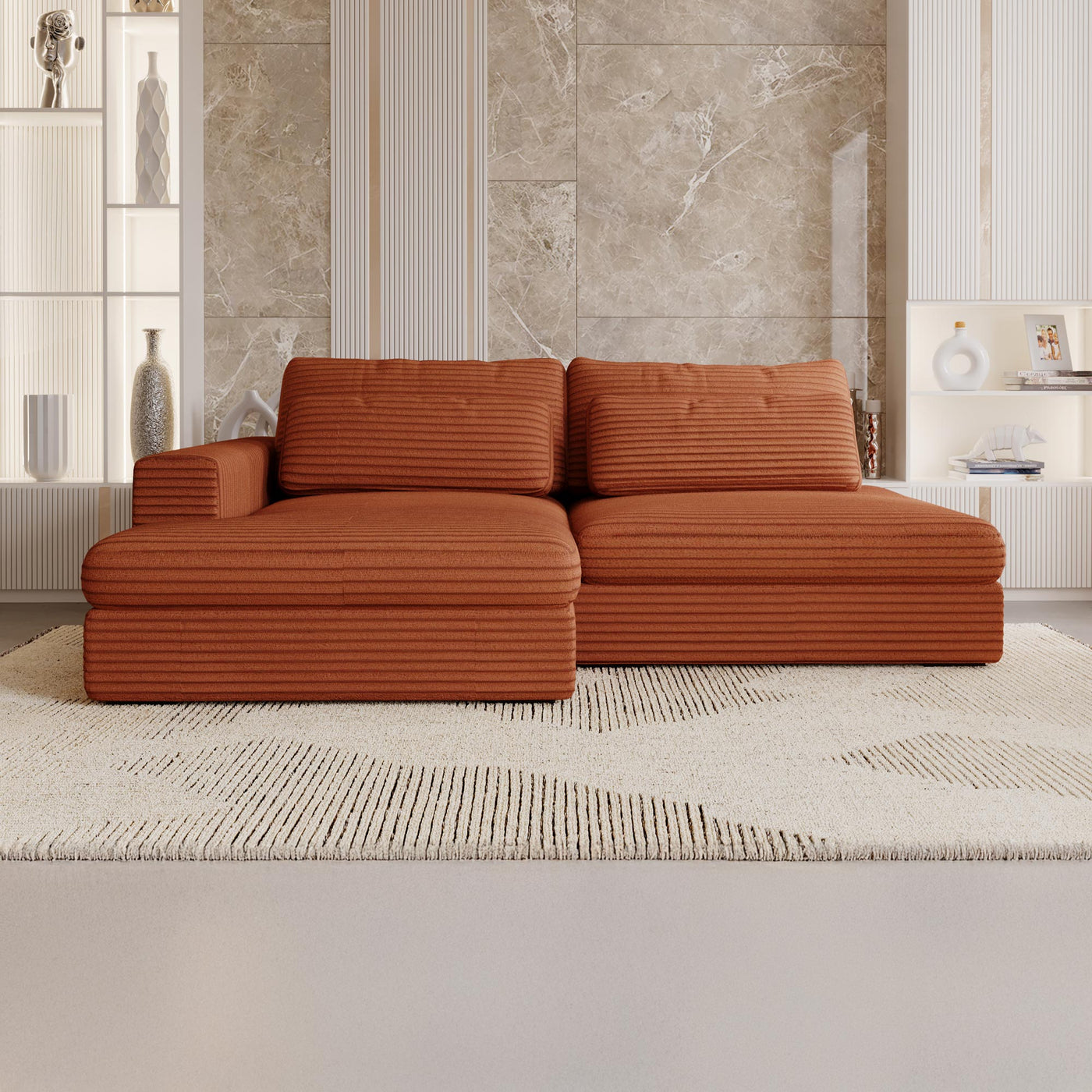 AYDA Canapé d'angle convertible avec coffre en velours gros côtelé terracotta- Angle gauche - Canapé d'angle convertible - Mobilier Deco
