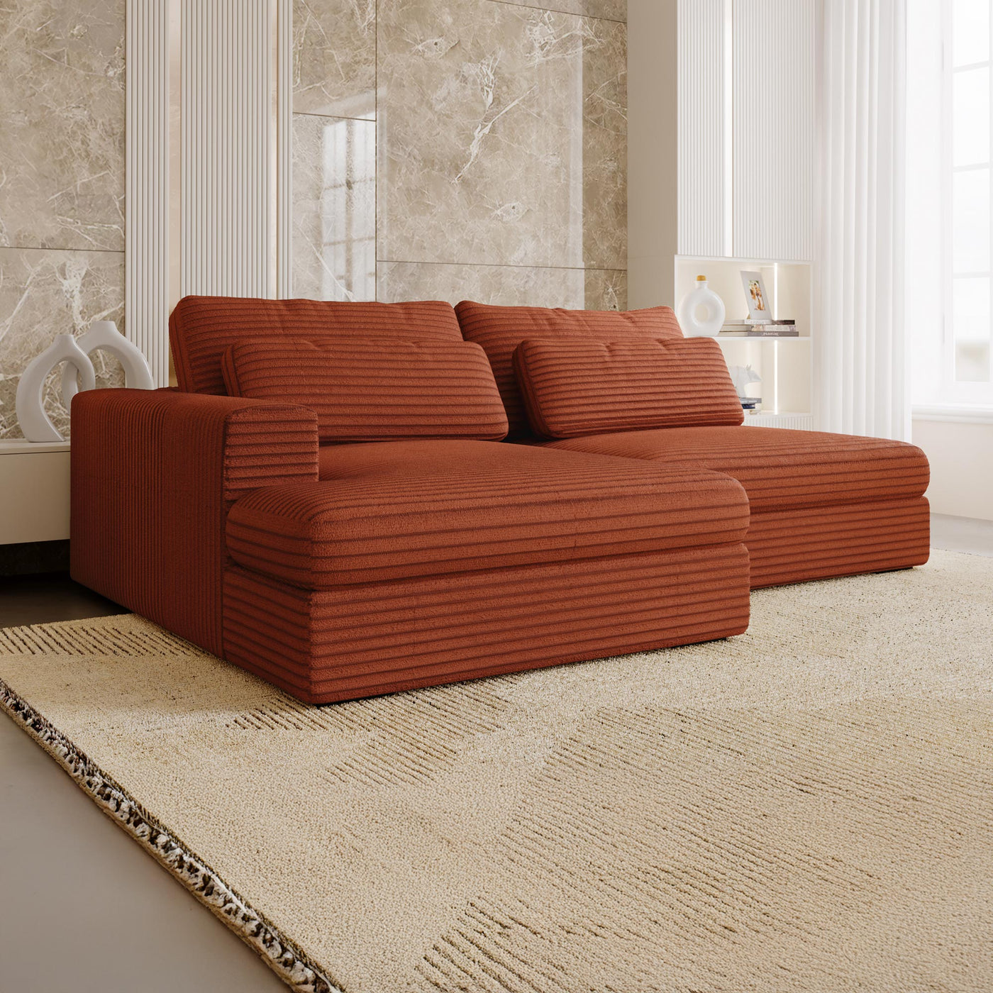 AYDA Canapé d'angle convertible avec coffre en velours gros côtelé terracotta- Angle gauche - Canapé d'angle convertible - Mobilier Deco