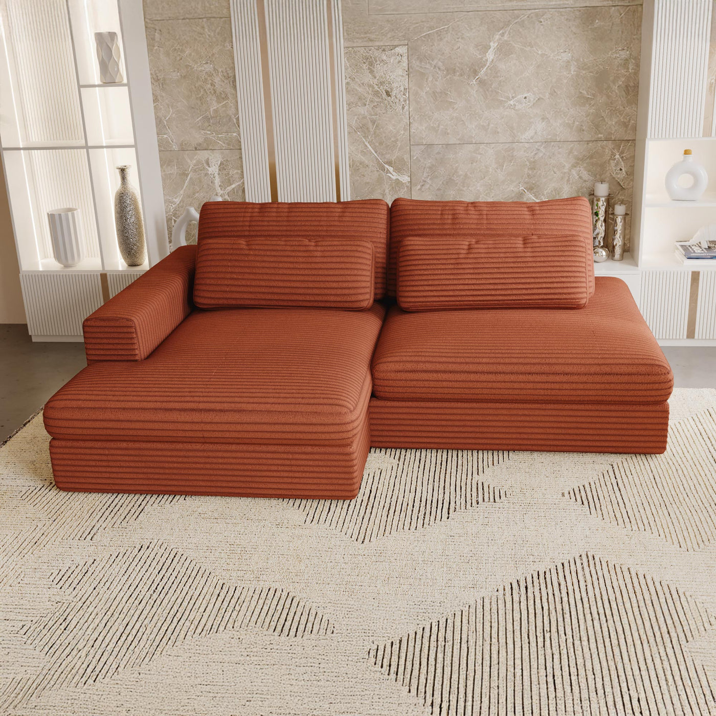 AYDA Canapé d'angle convertible avec coffre en velours gros côtelé terracotta- Angle gauche - Canapé d'angle convertible - Mobilier Deco