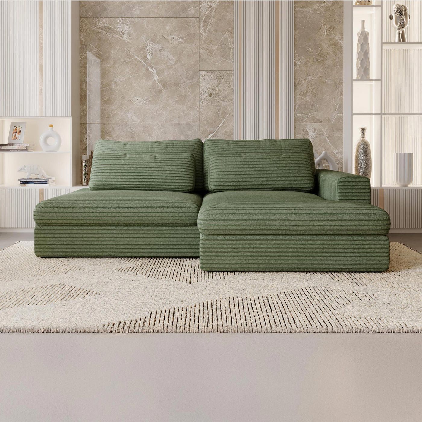 AYDA Canapé d'angle convertible avec coffre en velours gros côtelé vert - Angle droit - Canapé d'angle convertible - Mobilier Deco