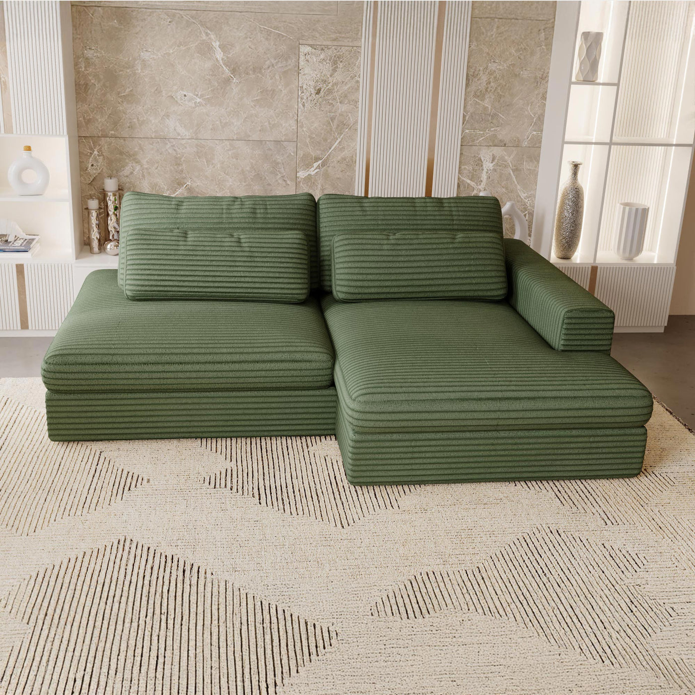AYDA Canapé d'angle convertible avec coffre en velours gros côtelé vert - Angle droit - Canapé d'angle convertible - Mobilier Deco