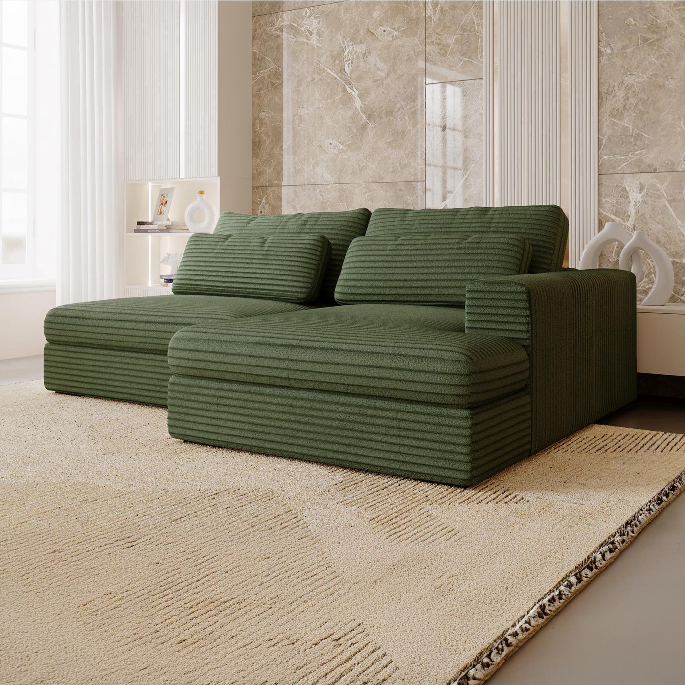 AYDA Canapé d'angle convertible avec coffre en velours gros côtelé vert - Angle droit - Canapé d'angle convertible - Mobilier Deco