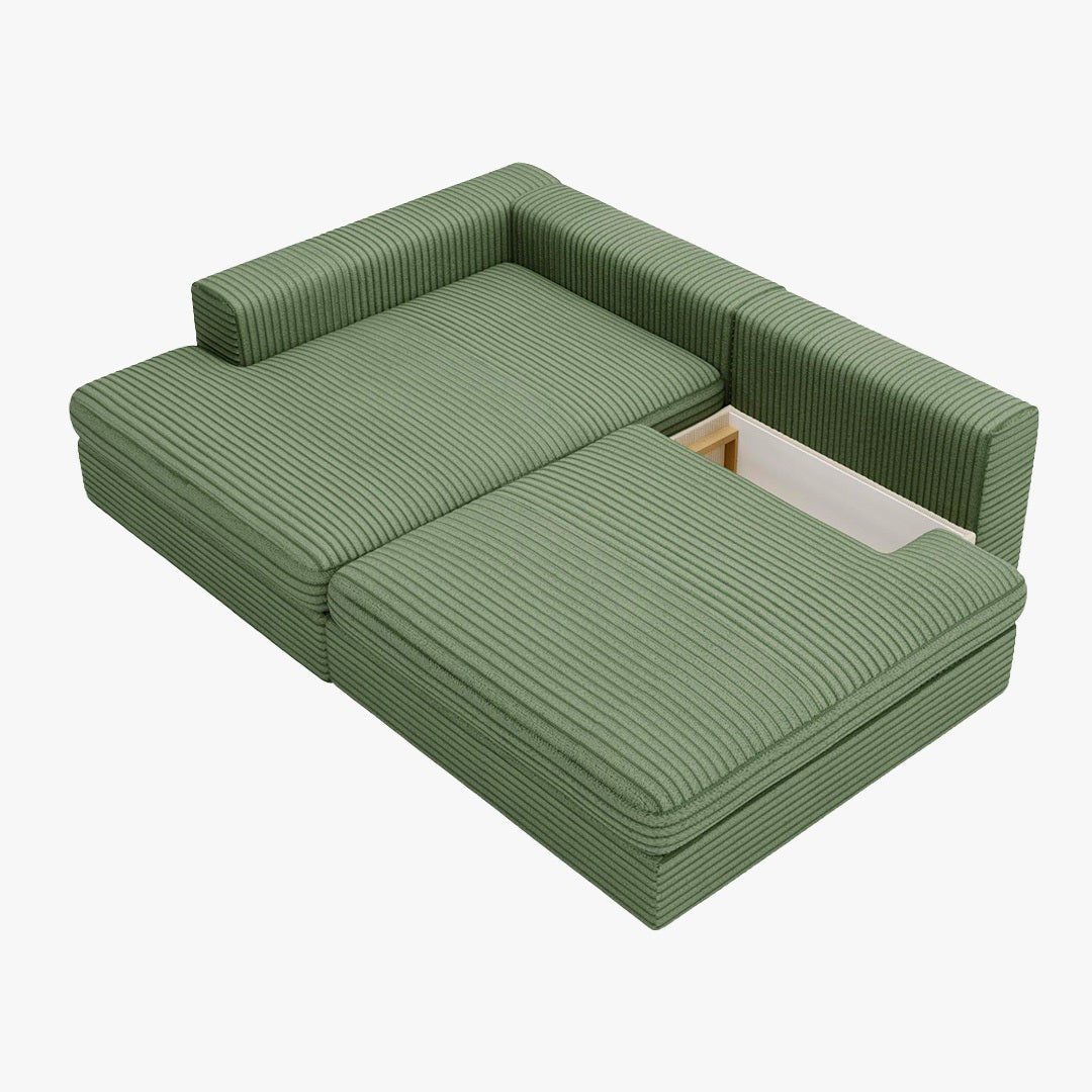 AYDA Canapé d'angle convertible avec coffre en velours gros côtelé vert - Angle gauche - Canapé d'angle convertible - Mobilier Deco