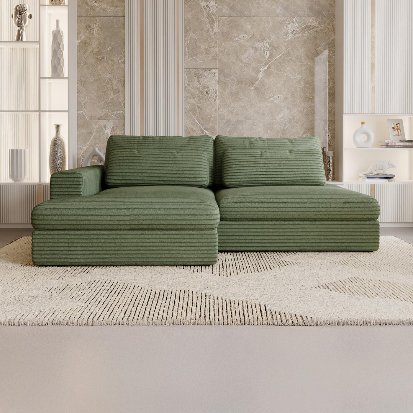 AYDA Canapé d'angle convertible avec coffre en velours gros côtelé vert - Angle gauche - Canapé d'angle convertible - Mobilier Deco