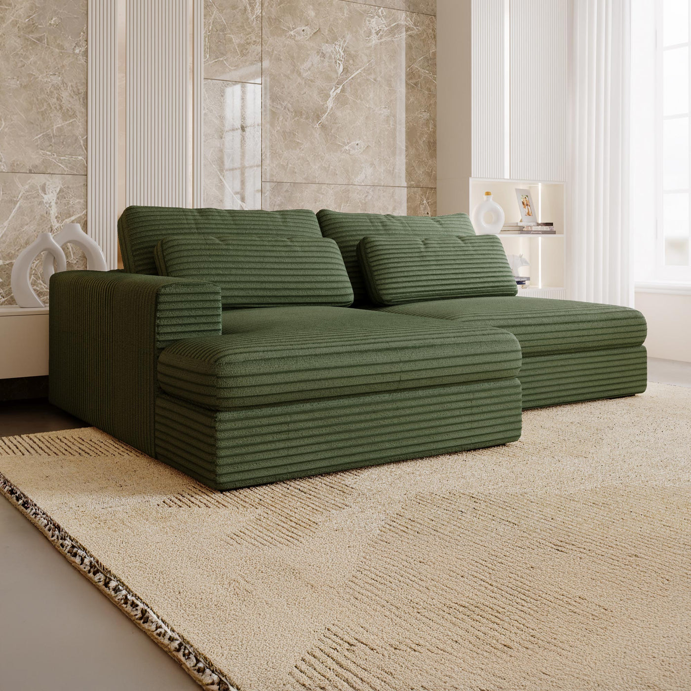 AYDA Canapé d'angle convertible avec coffre en velours gros côtelé vert - Angle gauche - Canapé d'angle convertible - Mobilier Deco