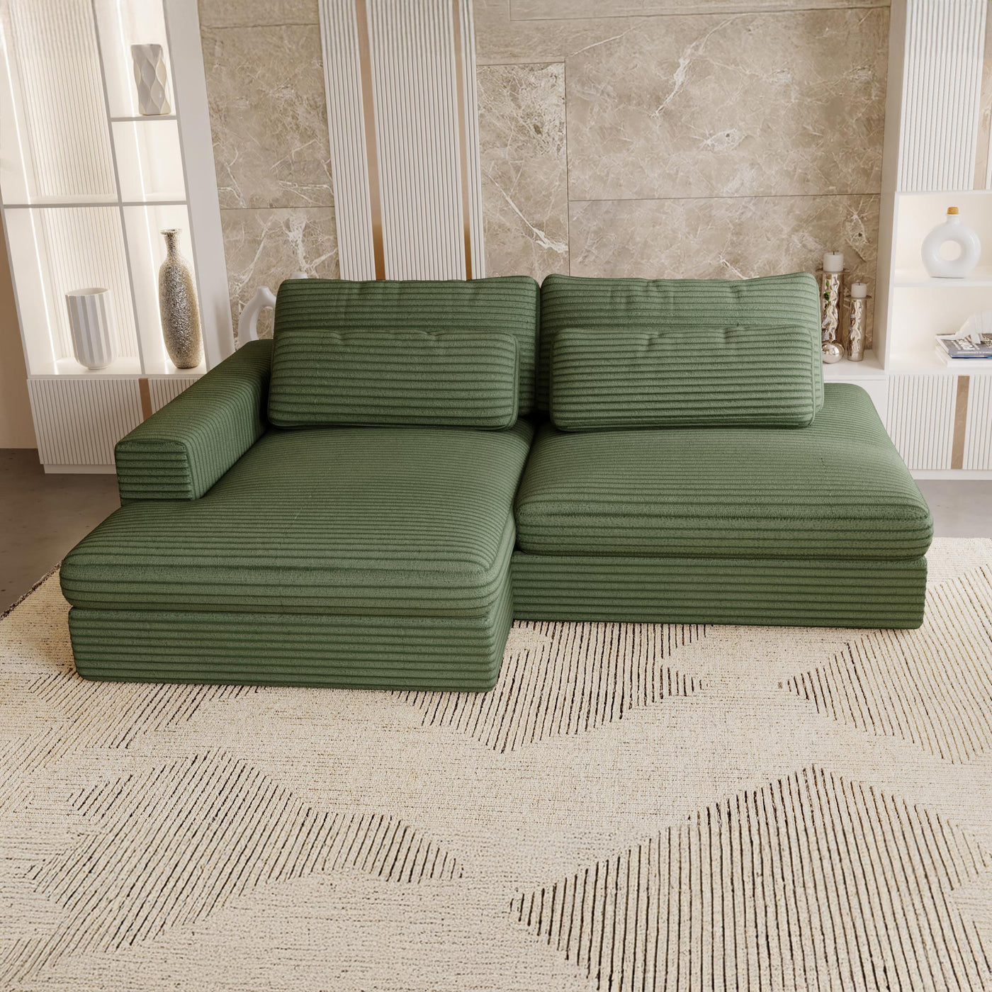 AYDA Canapé d'angle convertible avec coffre en velours gros côtelé vert - Angle gauche - Canapé d'angle convertible - Mobilier Deco