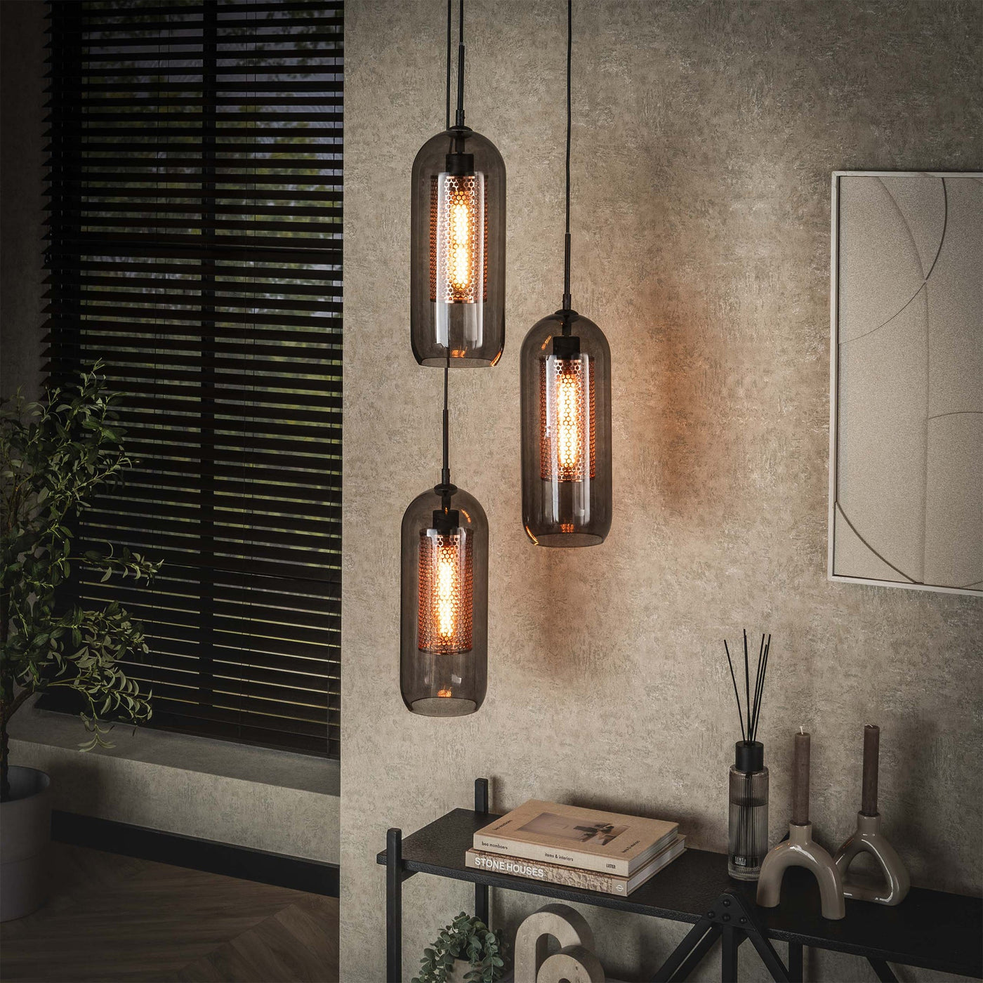 AYLI Suspension 3 lampes ajustables en verre et métal noir 35x180 cm - Luminaires - Mobilier Deco