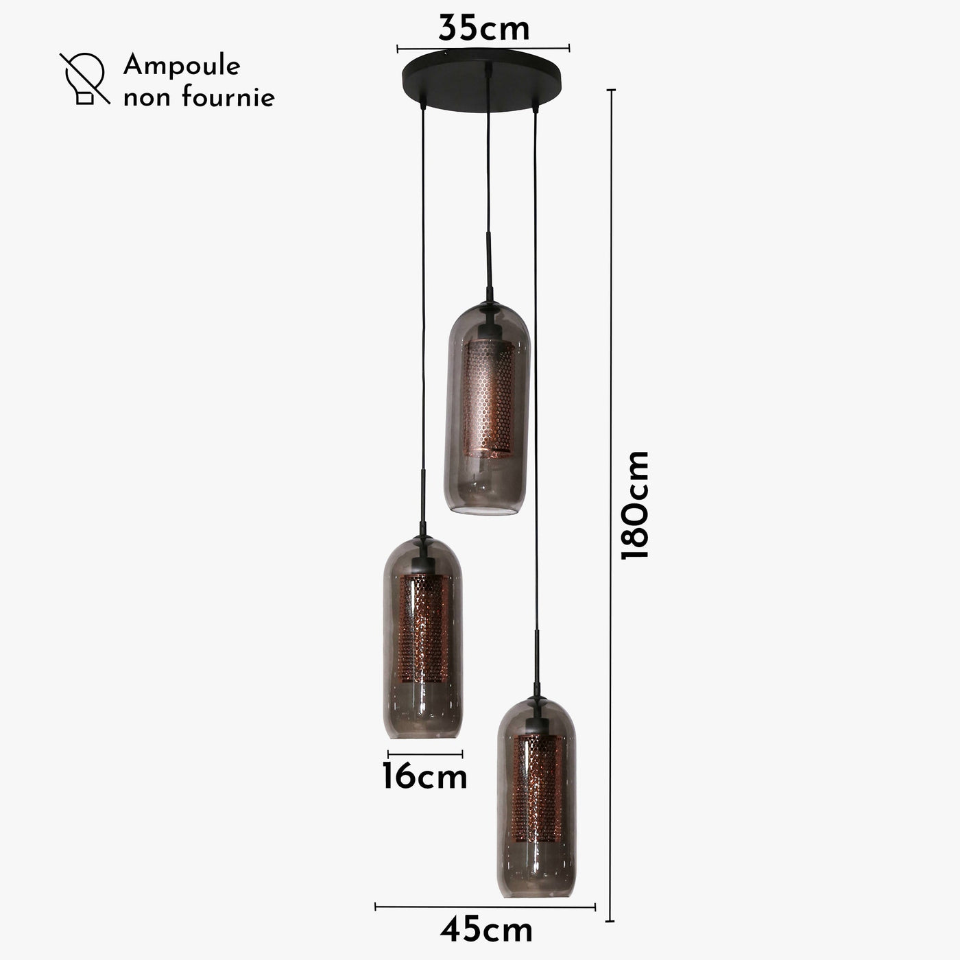 AYLI Suspension 3 lampes ajustables en verre et métal noir 35x180 cm - Luminaires - Mobilier Deco