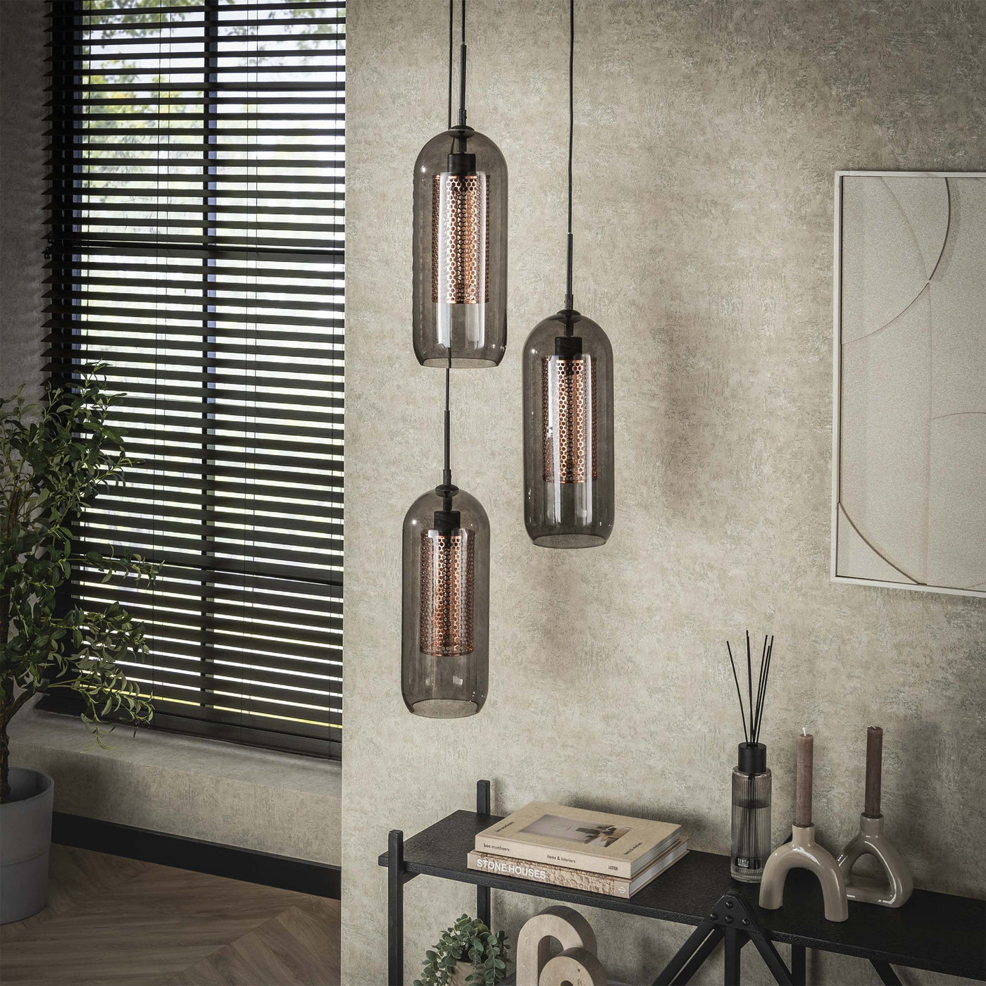 AYLI Suspension 3 lampes ajustables en verre et métal noir 35x180 cm - Luminaires - Mobilier Deco