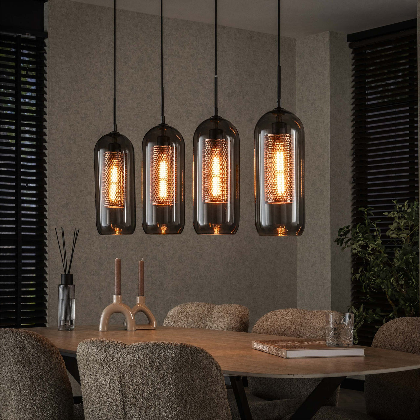 AYLI XL Suspension 4 lampes ajustables en verre fumé et métal noir 105x150 cm - Luminaires - Mobilier Deco