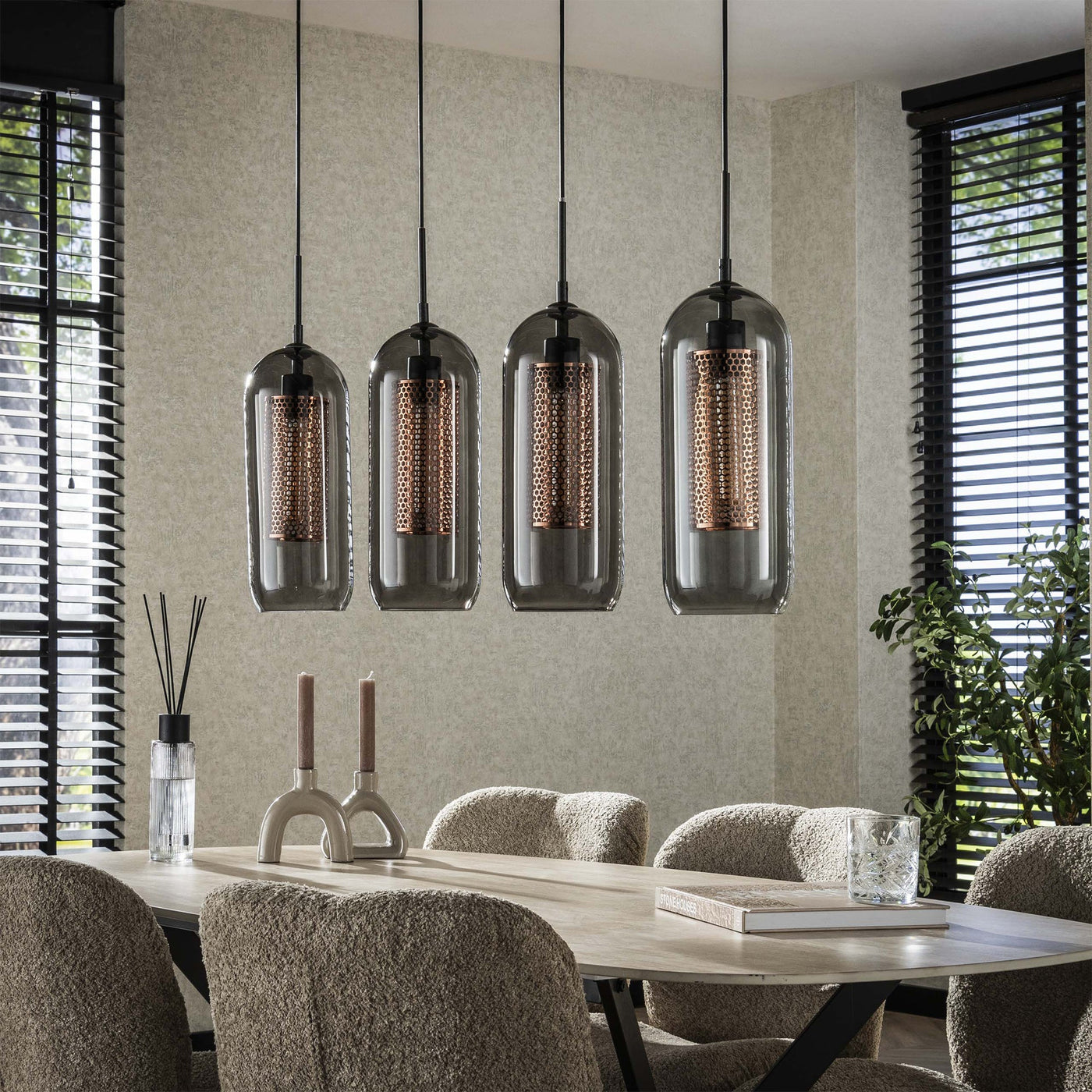 AYLI XL Suspension 4 lampes ajustables en verre fumé et métal noir 105x150 cm - Luminaires - Mobilier Deco