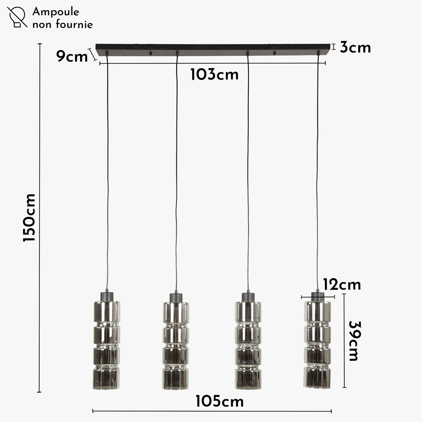 AYLI XL Suspension 4 lampes ajustables en verre fumé et métal noir 105x150 cm - Luminaires - Mobilier Deco