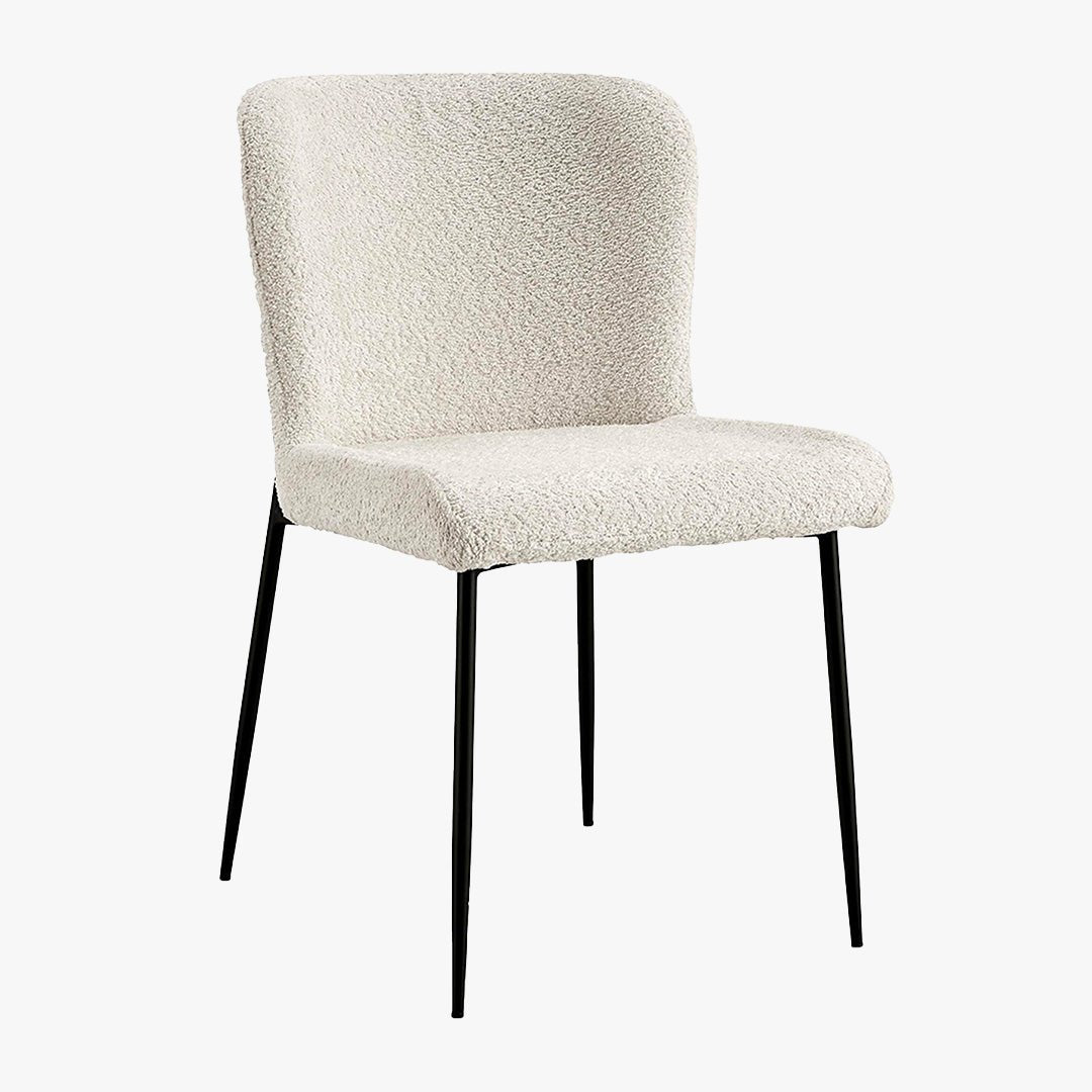 AZEL Lot de 2 chaises tissu bouclette blanc écru piètement métal noir - Chaise de repas - Mobilier Deco