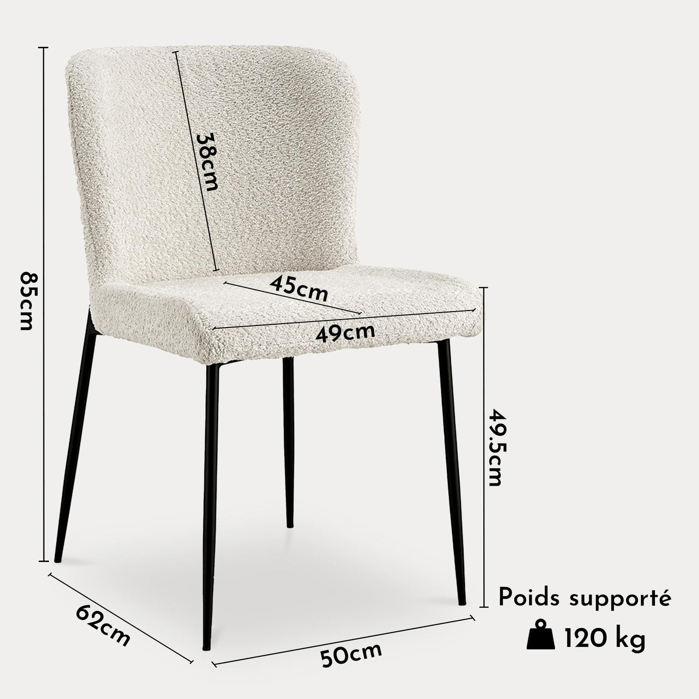 AZEL Lot de 2 chaises tissu bouclette blanc écru piètement métal noir - Chaise de repas - Mobilier Deco