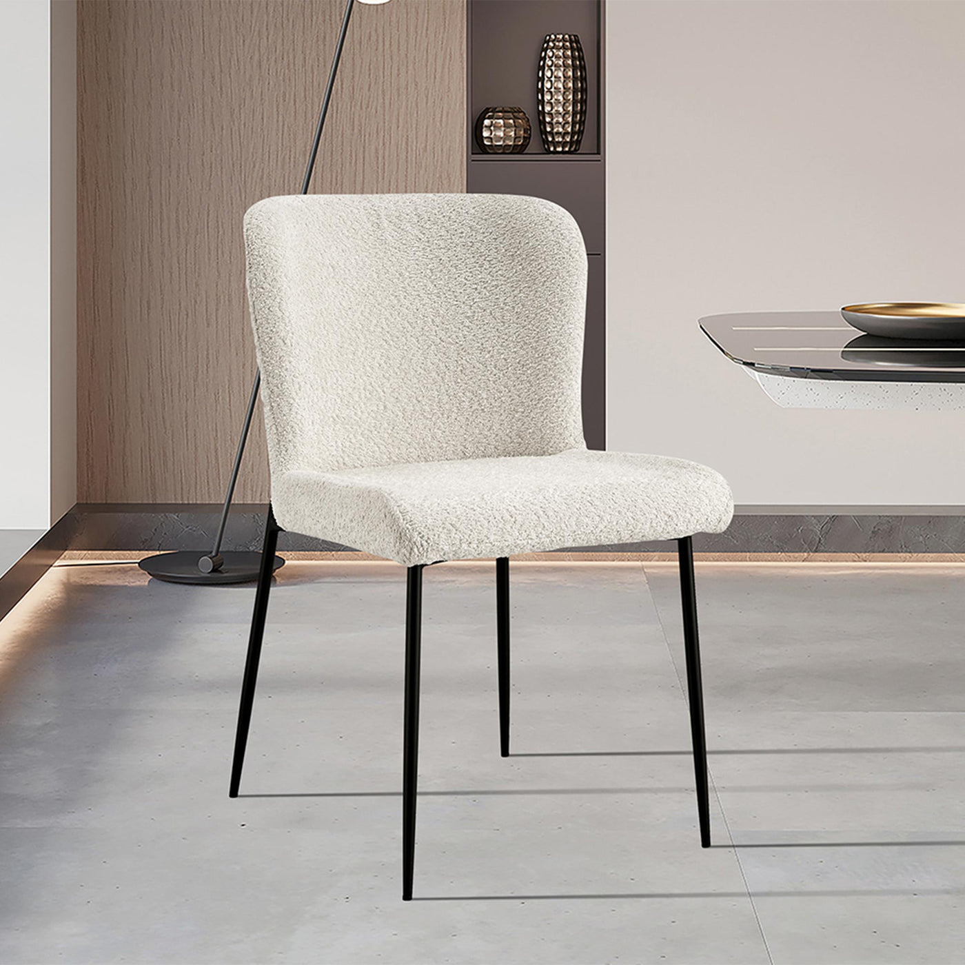 AZEL Lot de 2 chaises tissu bouclette blanc écru piètement métal noir - Chaise de repas - Mobilier Deco
