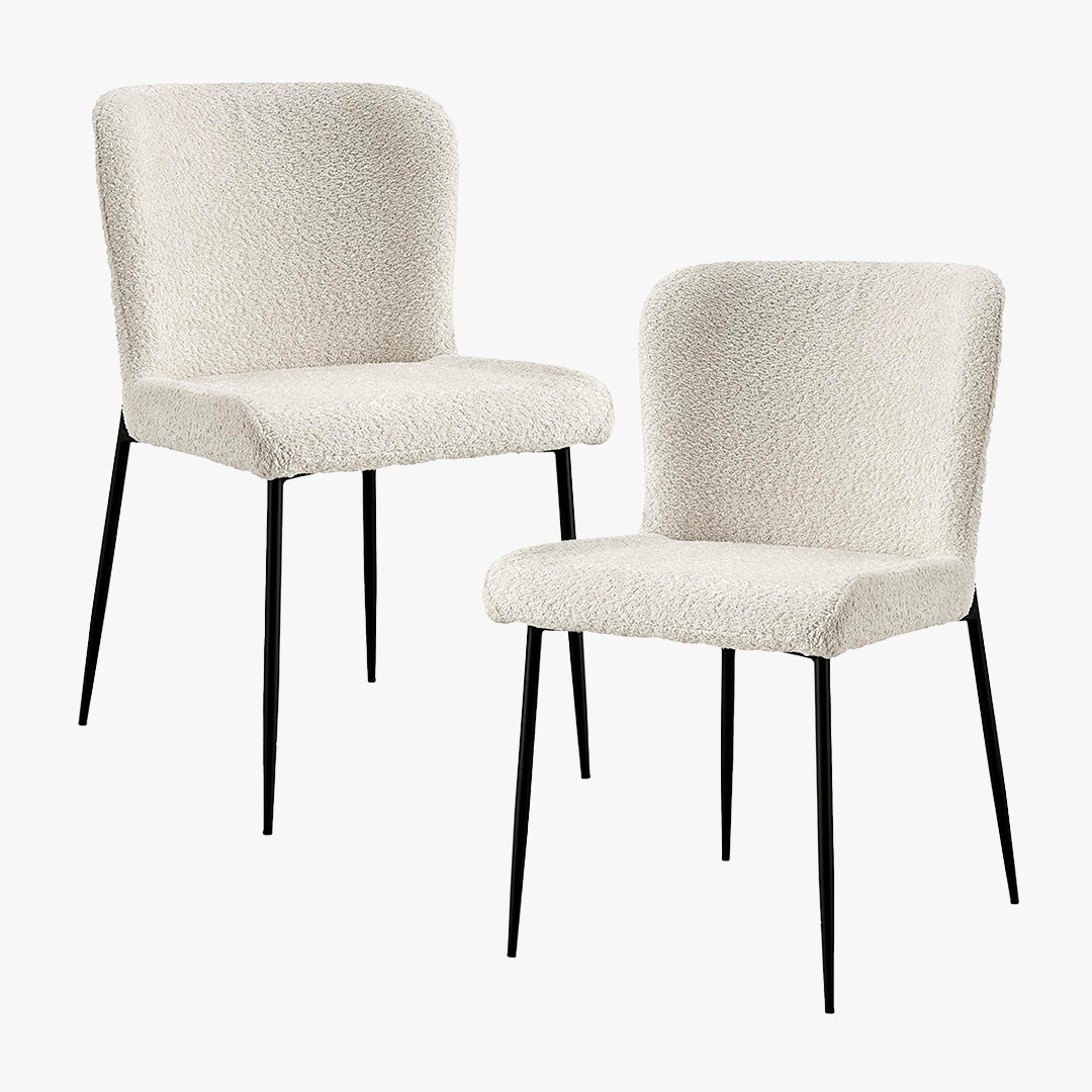 AZEL Lot de 2 chaises tissu bouclette blanc écru piètement métal noir - Chaise de repas - Mobilier Deco