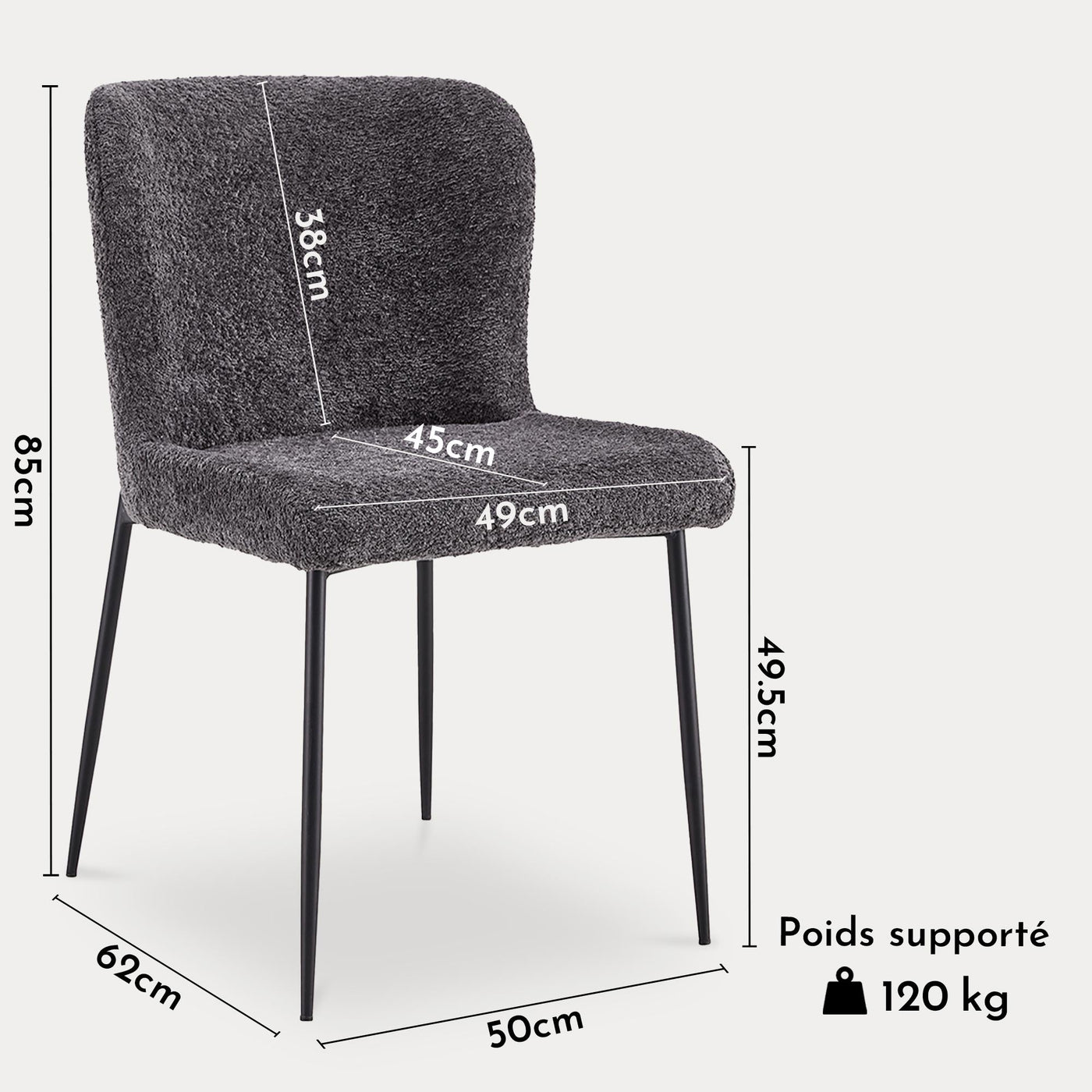 AZEL Lot de 2 chaises tissu bouclette gris anthracite piètement métal noir - Chaise de repas - Mobilier Deco