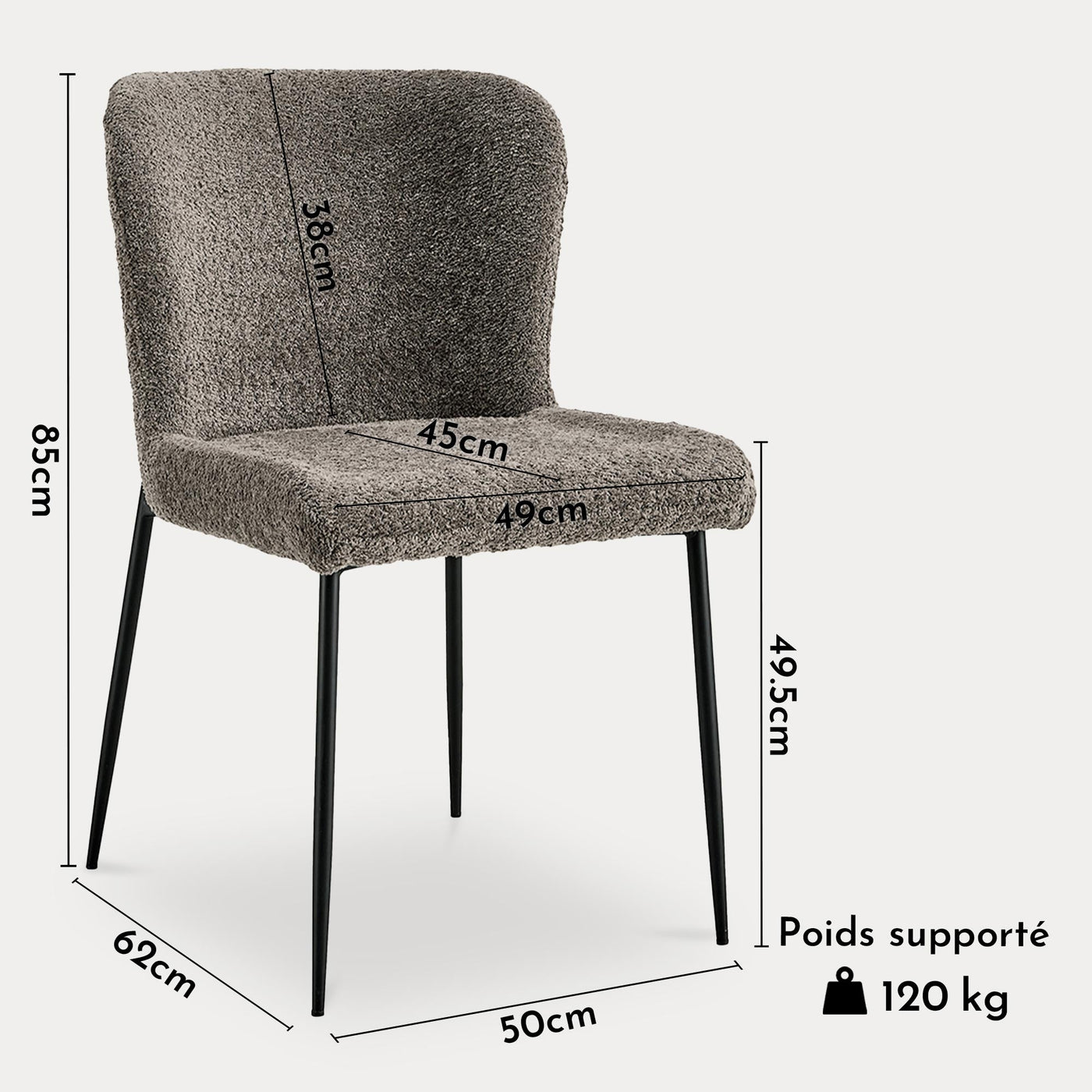 AZEL Lot de 2 chaises tissu bouclette taupe piètement métal noir - Chaise de repas - Mobilier Deco
