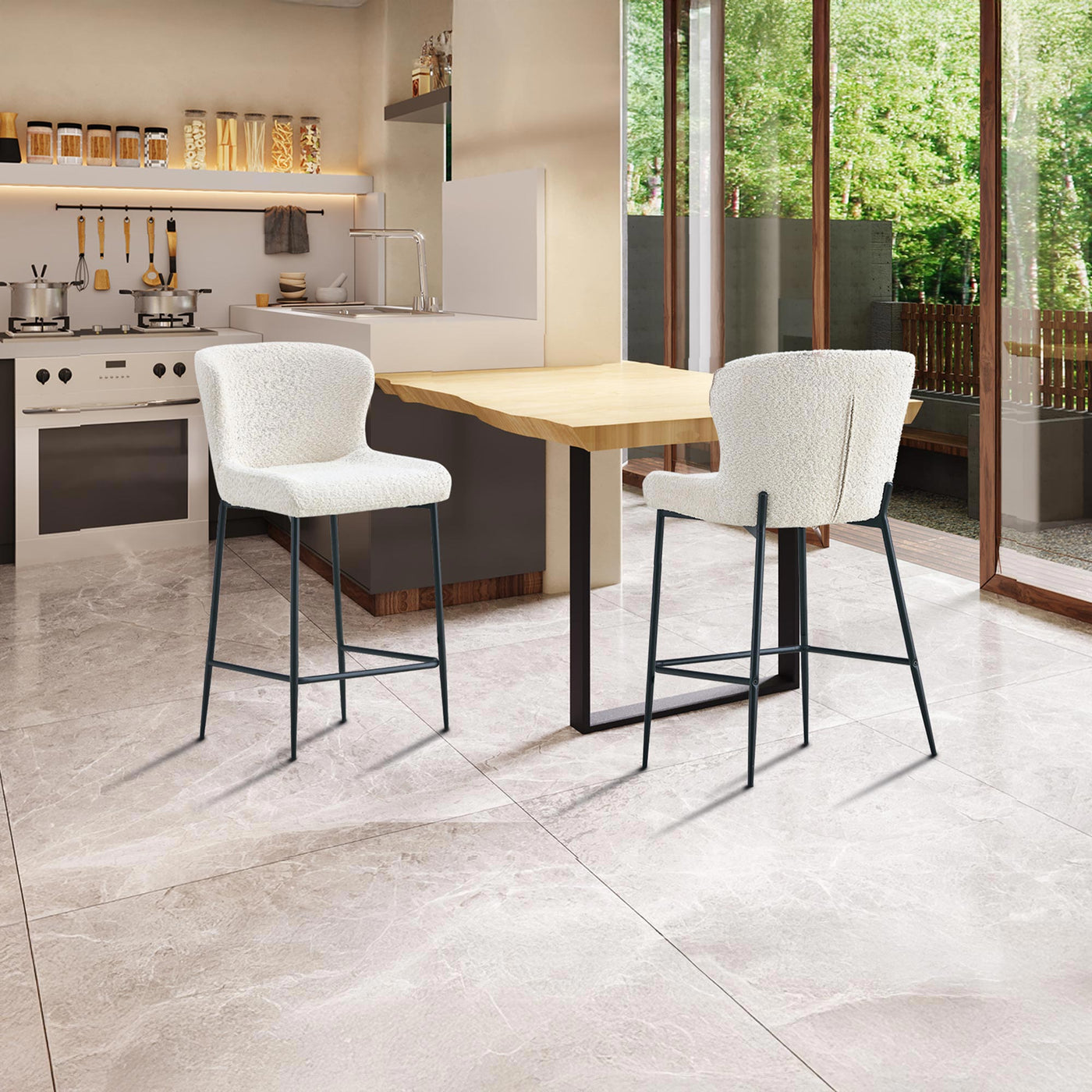 AZEL Lot de 2 tabourets tissu bouclette blanc écru piètement métal noir - Tabourets - Mobilier Deco