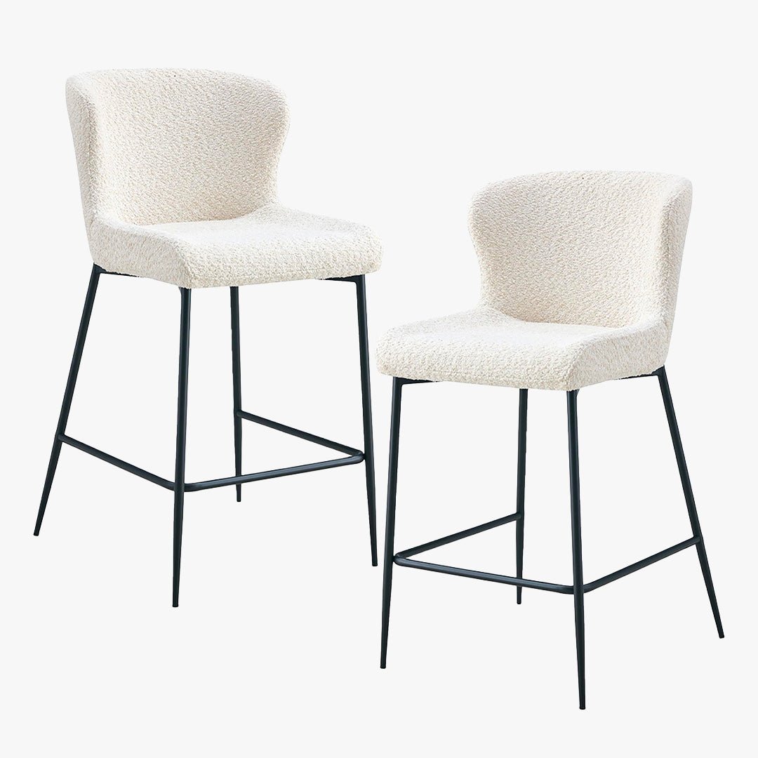 AZEL Lot de 2 tabourets tissu bouclette blanc écru piètement métal noir - Tabourets - Mobilier Deco