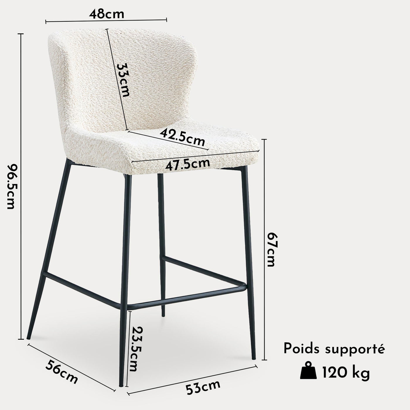 AZEL Lot de 2 tabourets tissu bouclette blanc écru piètement métal noir - Tabourets - Mobilier Deco