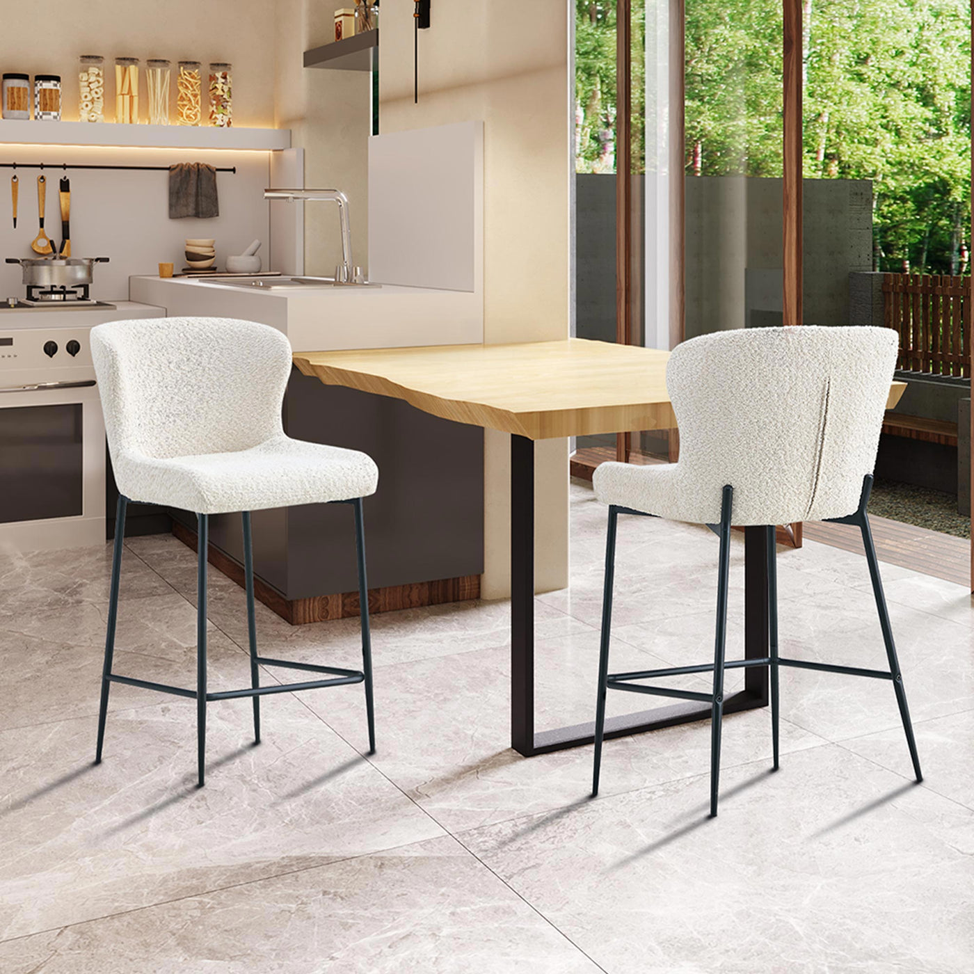 AZEL Lot de 2 tabourets tissu bouclette blanc écru piètement métal noir - Tabourets - Mobilier Deco
