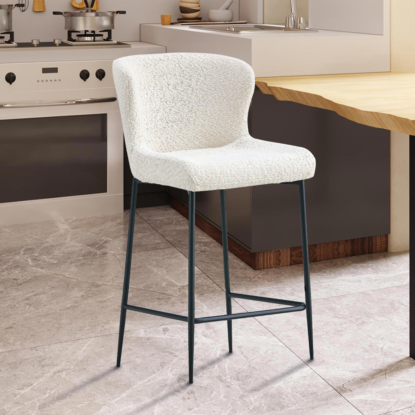 AZEL Lot de 2 tabourets tissu bouclette blanc écru piètement métal noir - Tabourets - Mobilier Deco