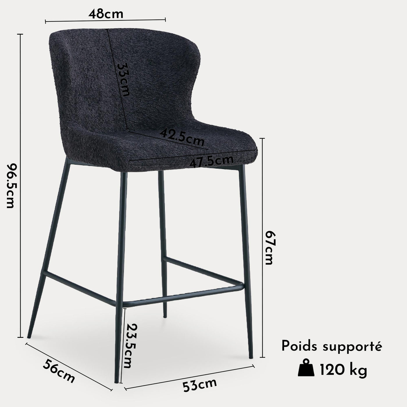 AZEL Lot de 2 tabourets tissu bouclette gris anthracite piètement métal noir - Tabourets - Mobilier Deco