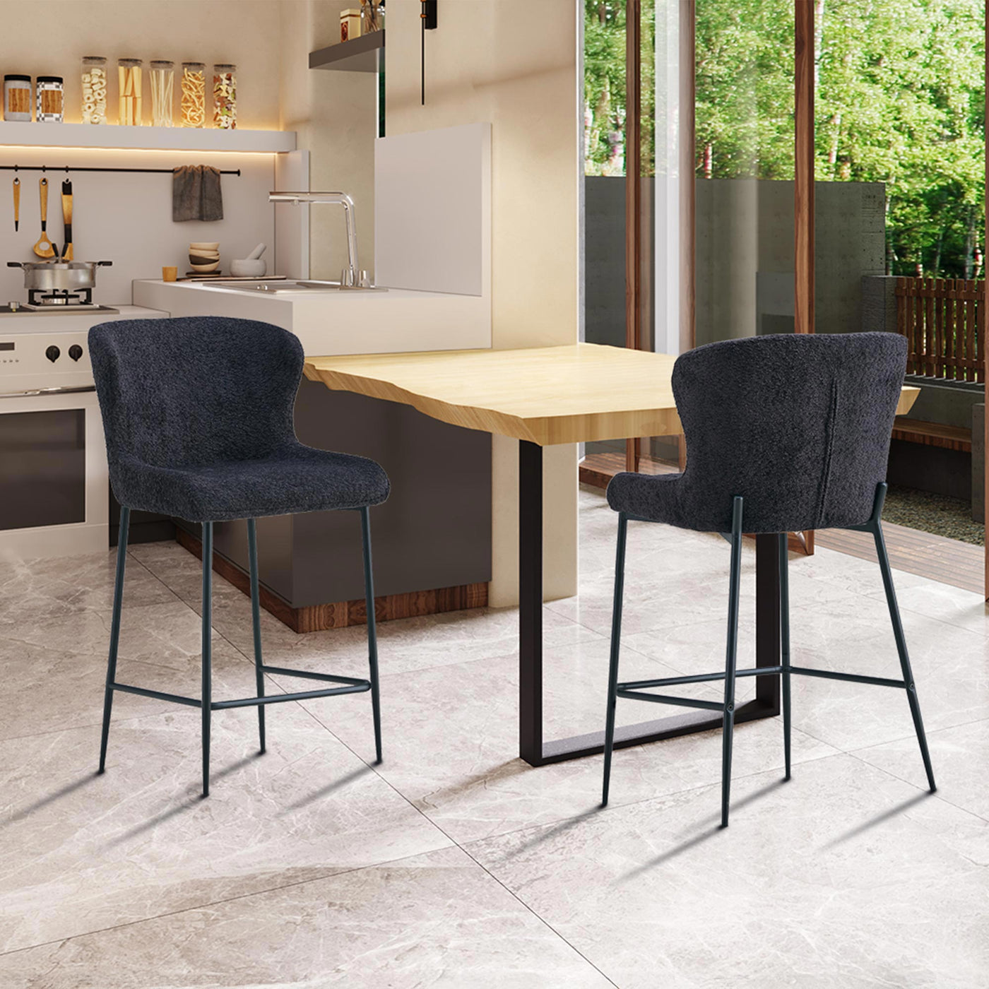 AZEL Lot de 2 tabourets tissu bouclette gris anthracite piètement métal noir - Tabourets - Mobilier Deco