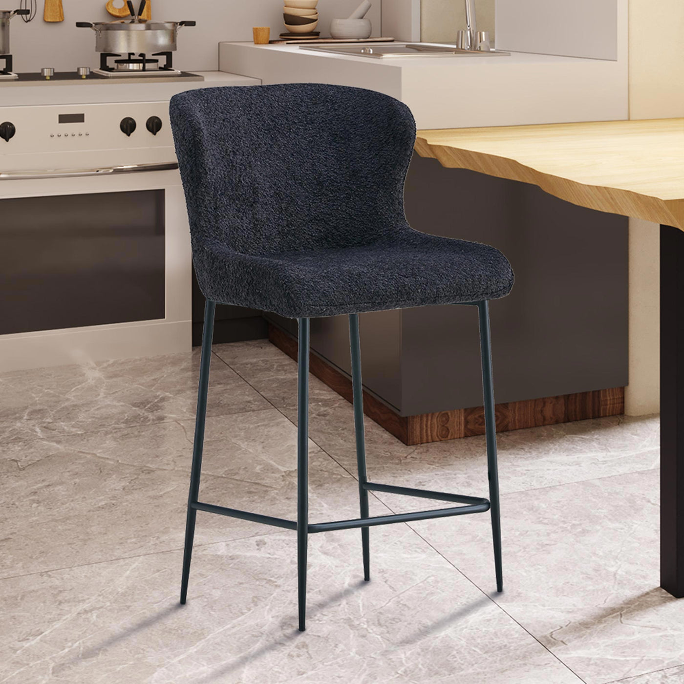 AZEL Lot de 2 tabourets tissu bouclette gris anthracite piètement métal noir - Tabourets - Mobilier Deco